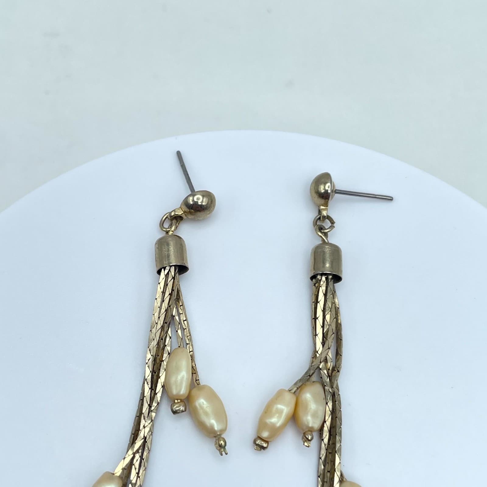 Vintage Gold-Tone Mother Of Pearl Bezel Round Stones Snake Chain Dangle Earrings - Thumbnail 7