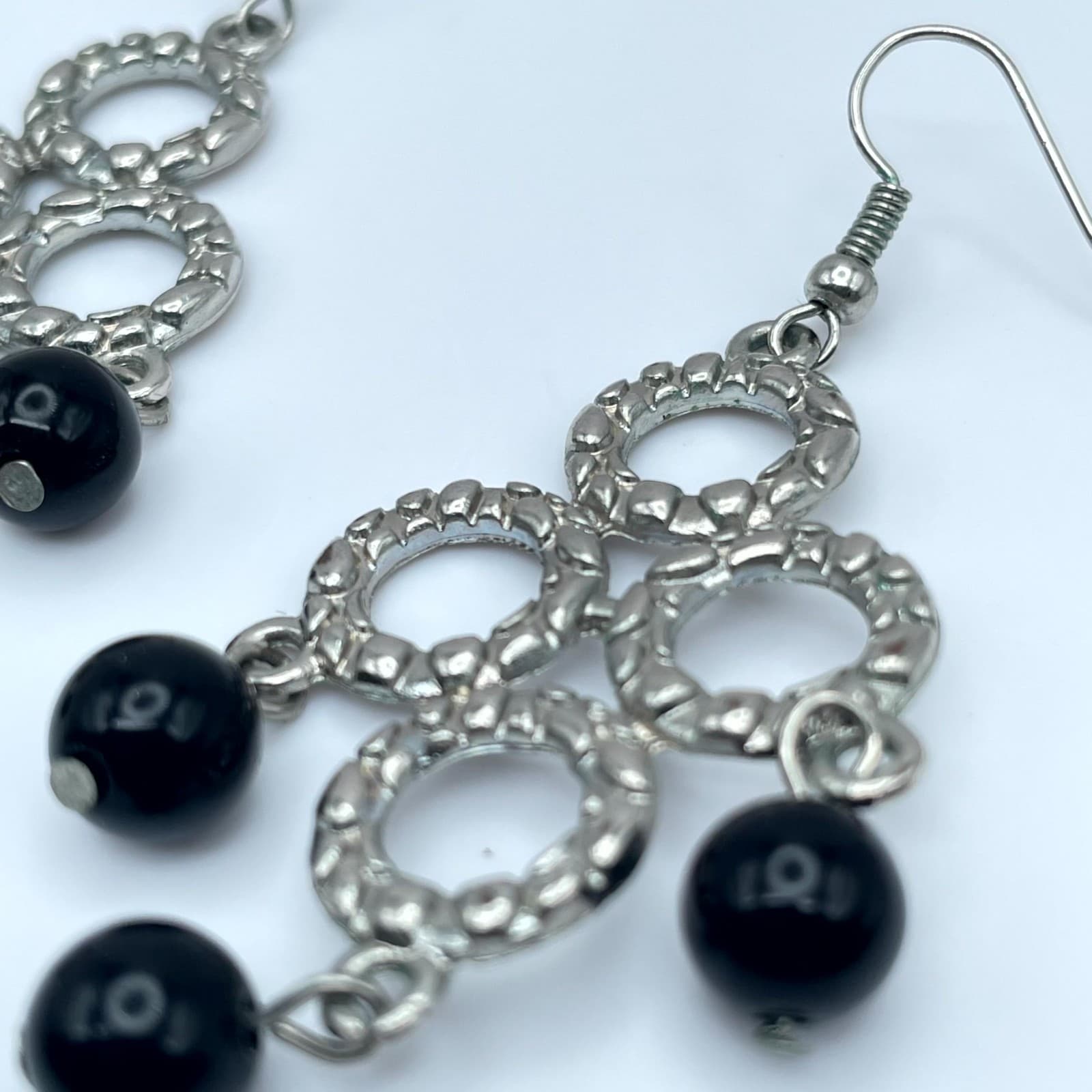 Y2K Bohemian Silver-Tone Black Onyx Beads Dangle Chandelier French Hook Earrings - Thumbnail 6