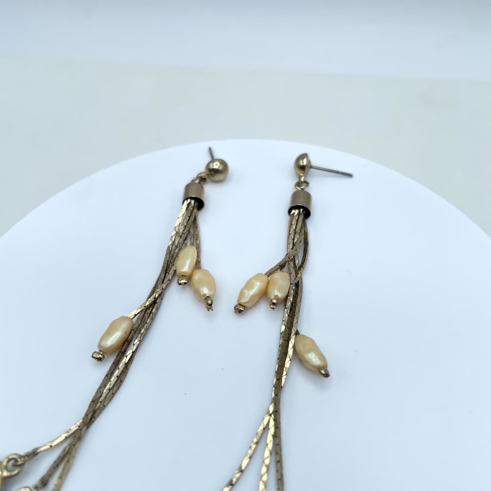 Vintage Gold-Tone Mother Of Pearl Bezel Round Stones Snake Chain Dangle Earrings - Thumbnail 4