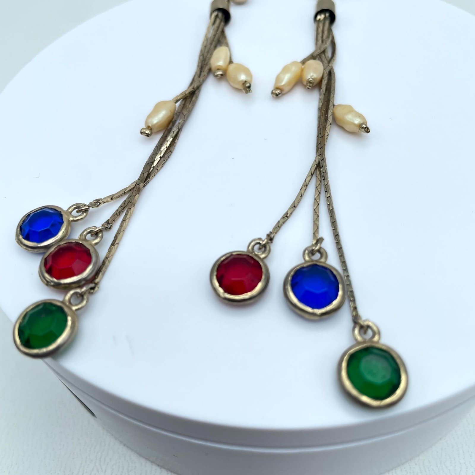 Vintage Gold-Tone Mother Of Pearl Bezel Round Stones Snake Chain Dangle Earrings - Thumbnail 3