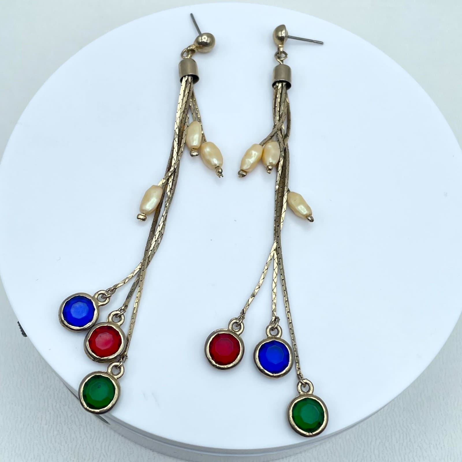 Vintage Gold-Tone Mother Of Pearl Bezel Round Stones Snake Chain Dangle Earrings - Thumbnail 6