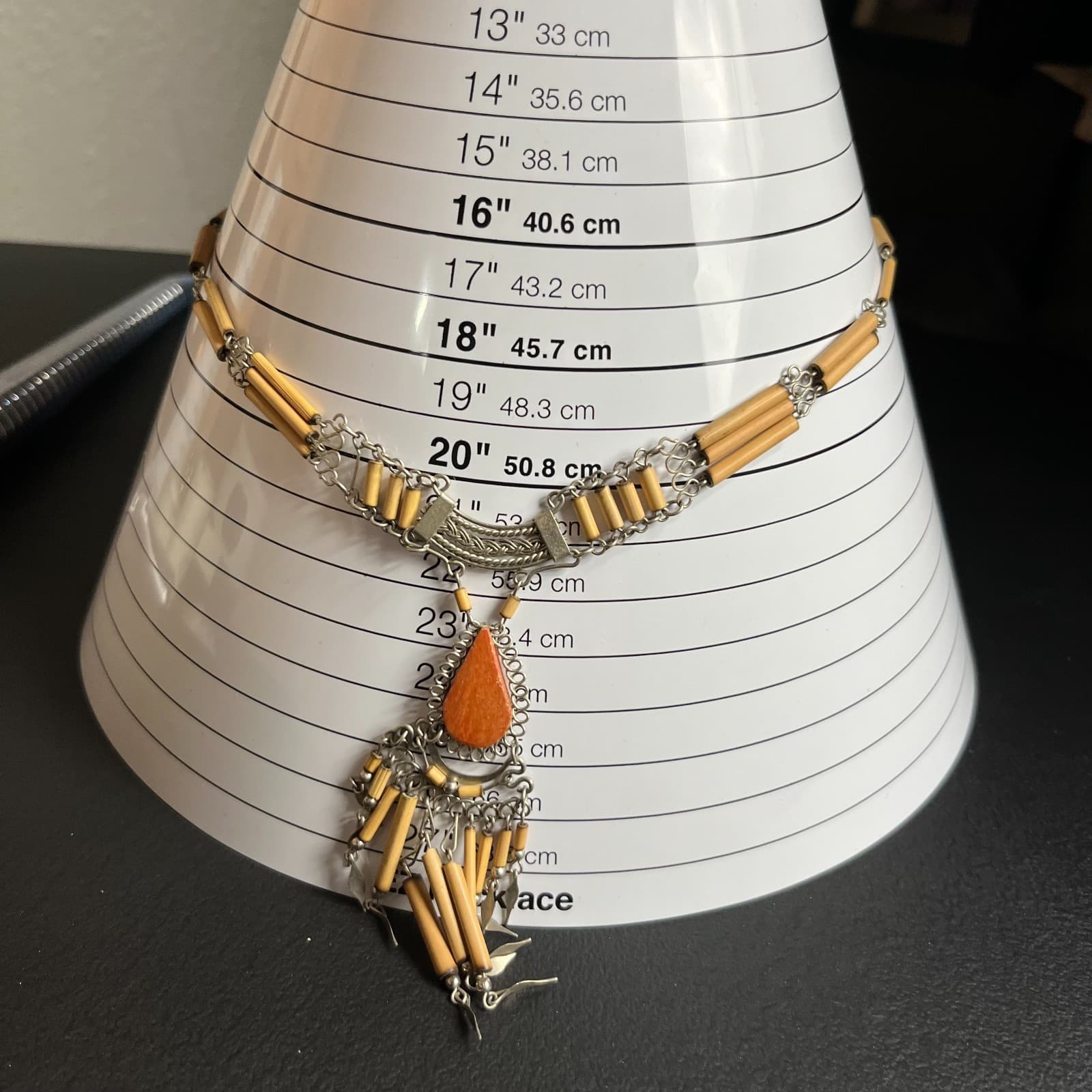 Vintage Silver-Tone Peruvian Bamboo Intricate Charm Pendant Bib Fringe Necklace - Thumbnail 8