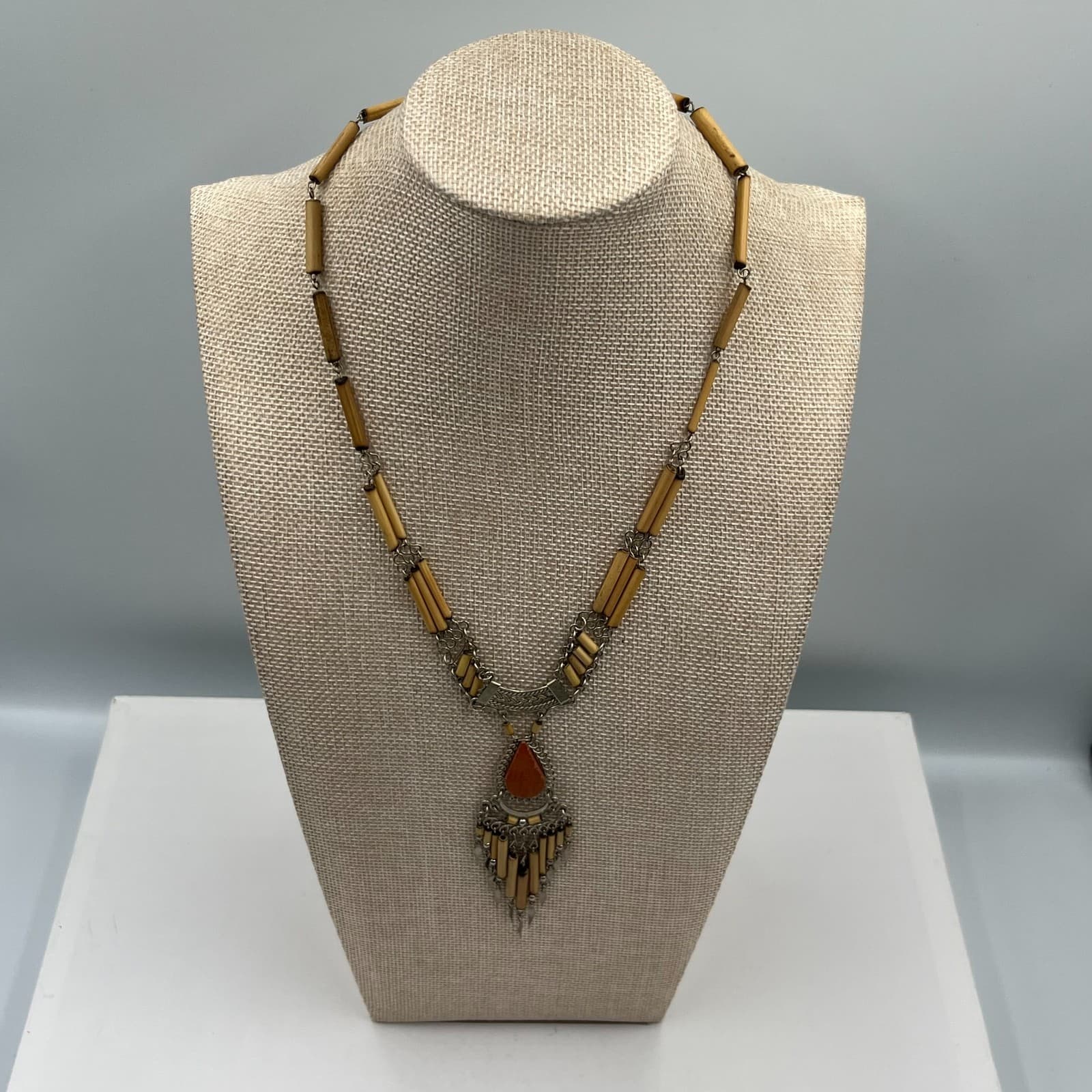 Vintage Silver-Tone Peruvian Bamboo Intricate Charm Pendant Bib Fringe Necklace - Thumbnail 5