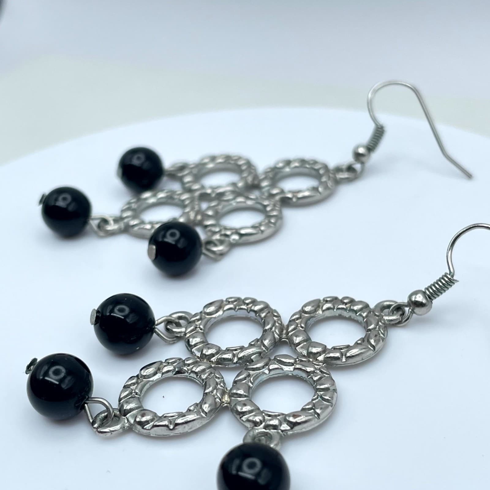Y2K Bohemian Silver-Tone Black Onyx Beads Dangle Chandelier French Hook Earrings - Thumbnail 7