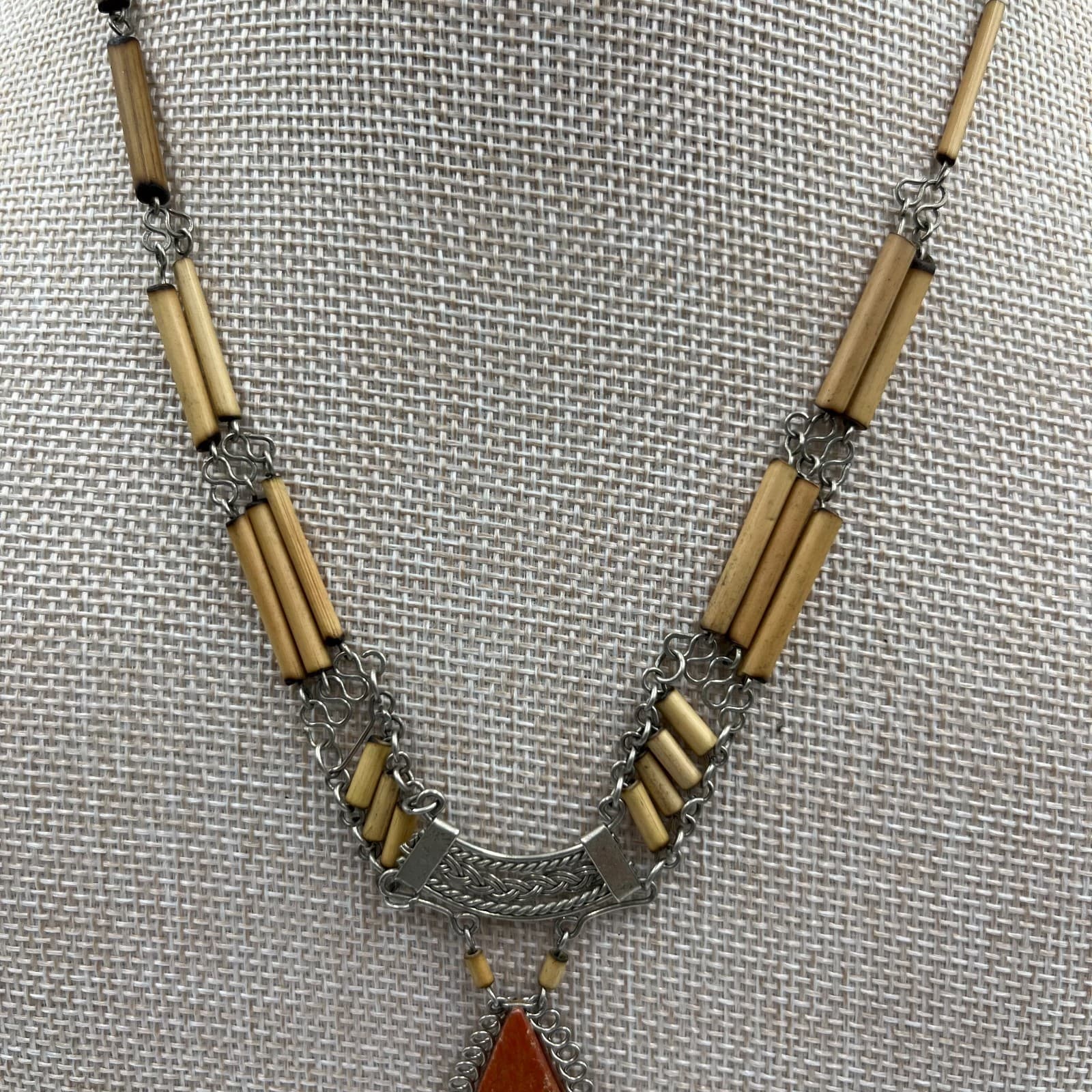 Vintage Silver-Tone Peruvian Bamboo Intricate Charm Pendant Bib Fringe Necklace - Thumbnail 3