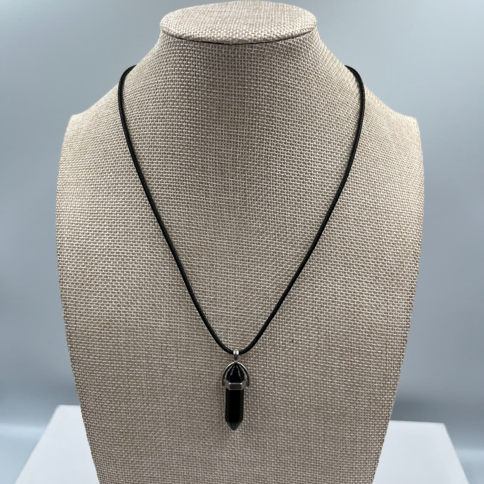 Bohemian Silver-Tone Black Obsidian Hexagonal Point Crystal Pendant Necklace - Thumbnail 2