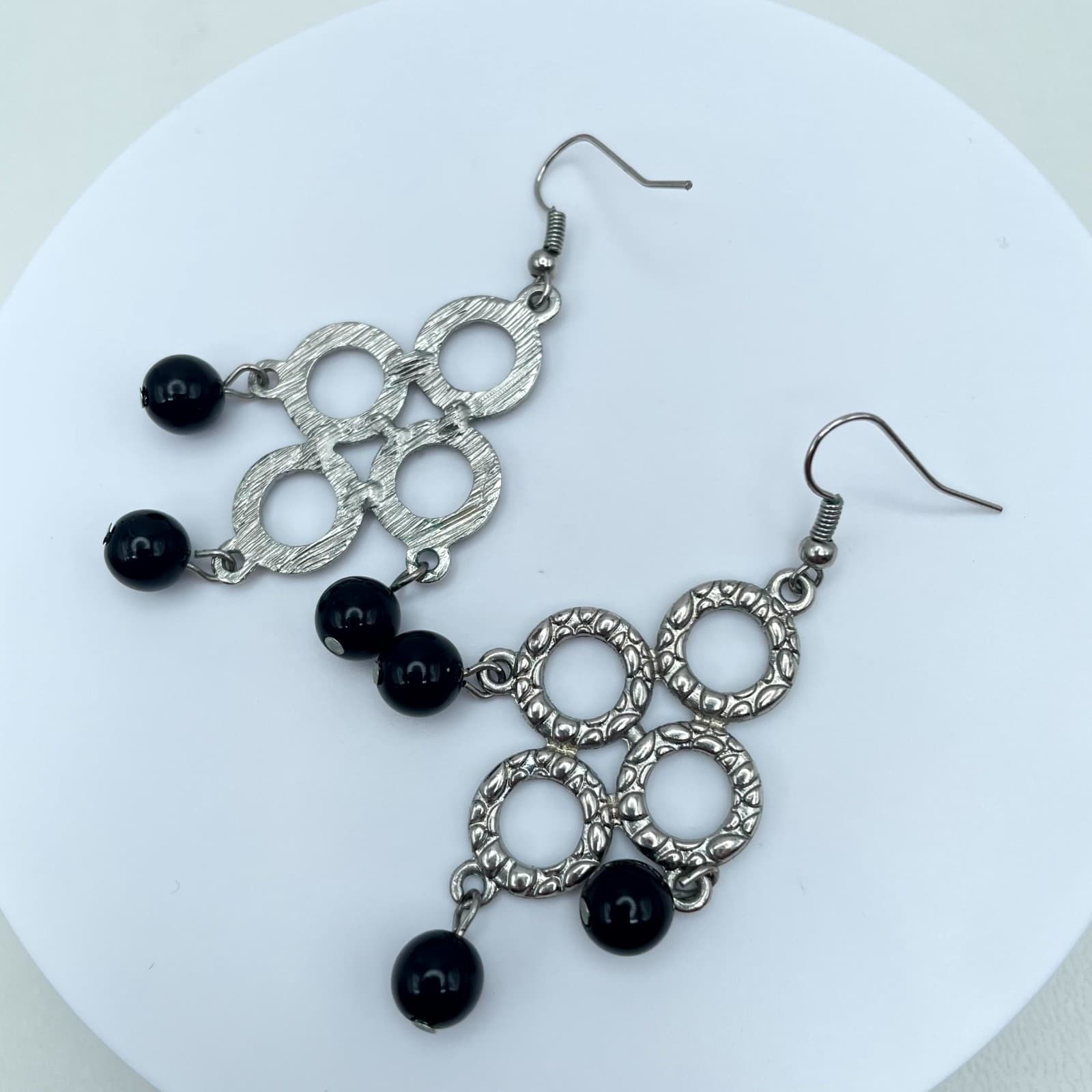 Y2K Bohemian Silver-Tone Black Onyx Beads Dangle Chandelier French Hook Earrings - Thumbnail 3