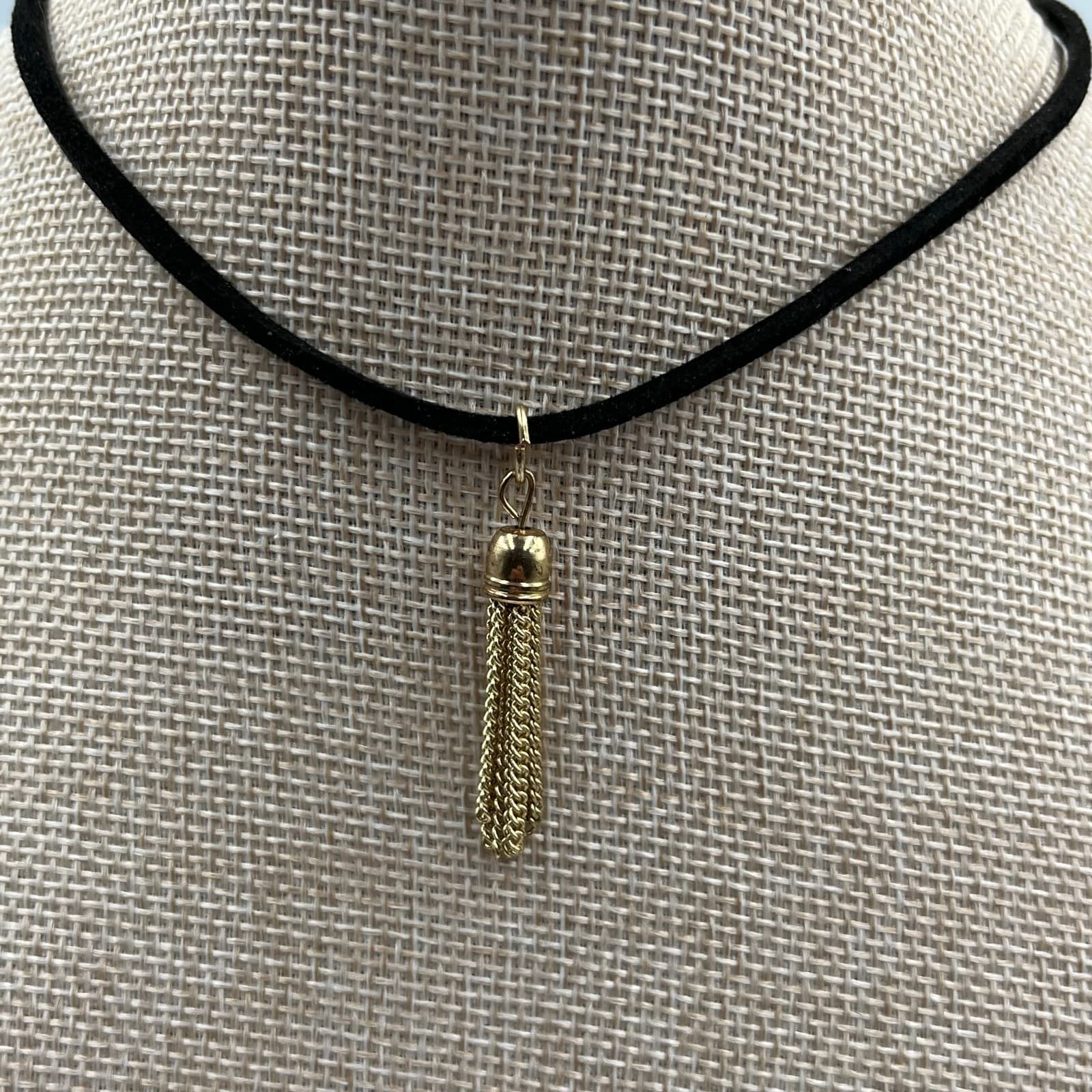 Grunge Revival Gold-Tone Black Velvet Cord Chain Tassel Pendant Choker Necklace - Image 1