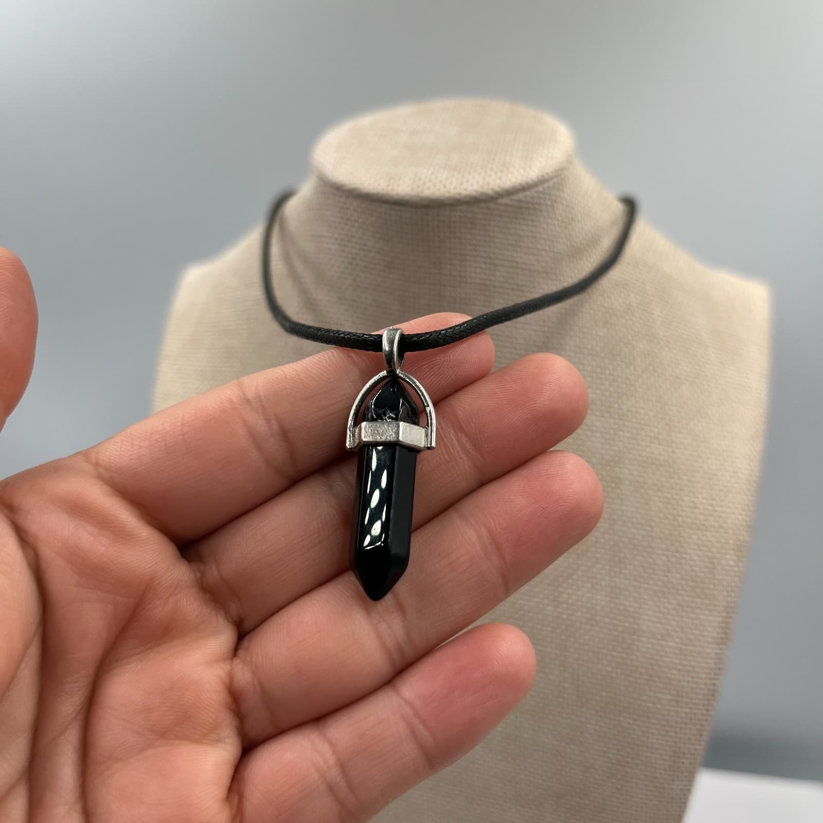 Bohemian Silver-Tone Black Obsidian Hexagonal Point Crystal Pendant Necklace - Image 1