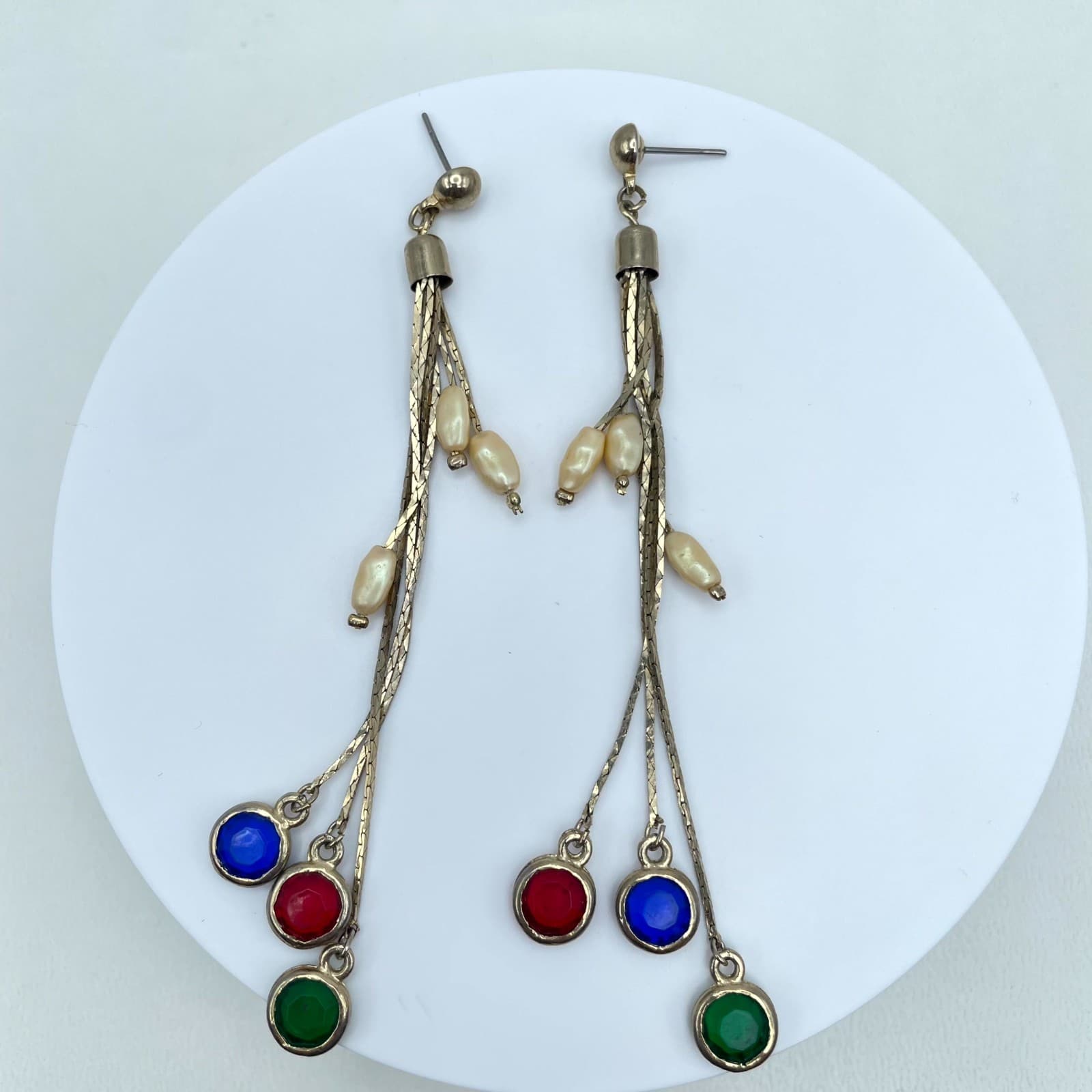 Vintage Gold-Tone Mother Of Pearl Bezel Round Stones Snake Chain Dangle Earrings - Image 1