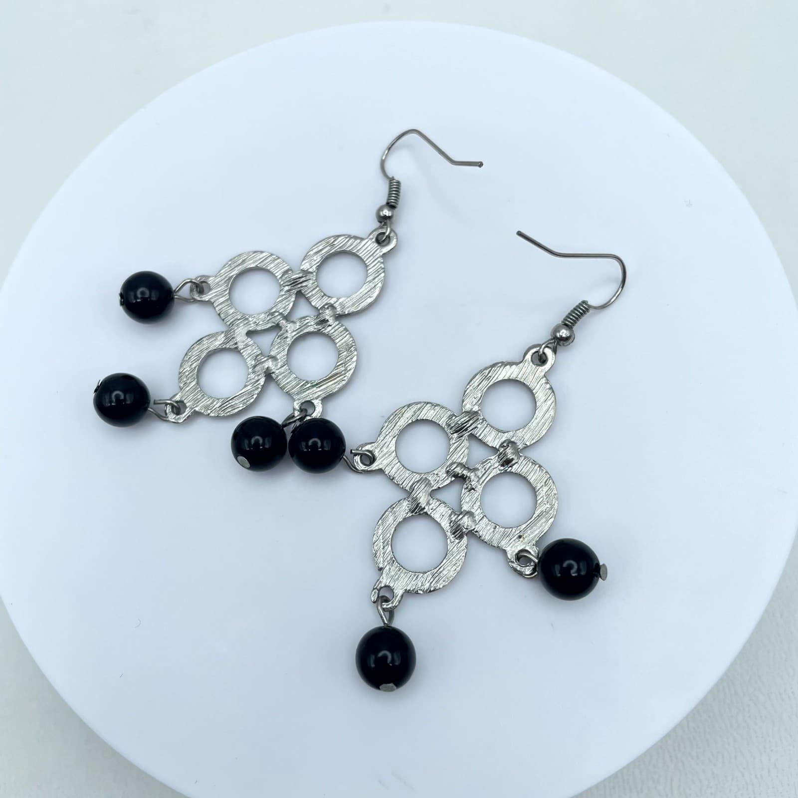 Y2K Bohemian Silver-Tone Black Onyx Beads Dangle Chandelier French Hook Earrings - Thumbnail 4