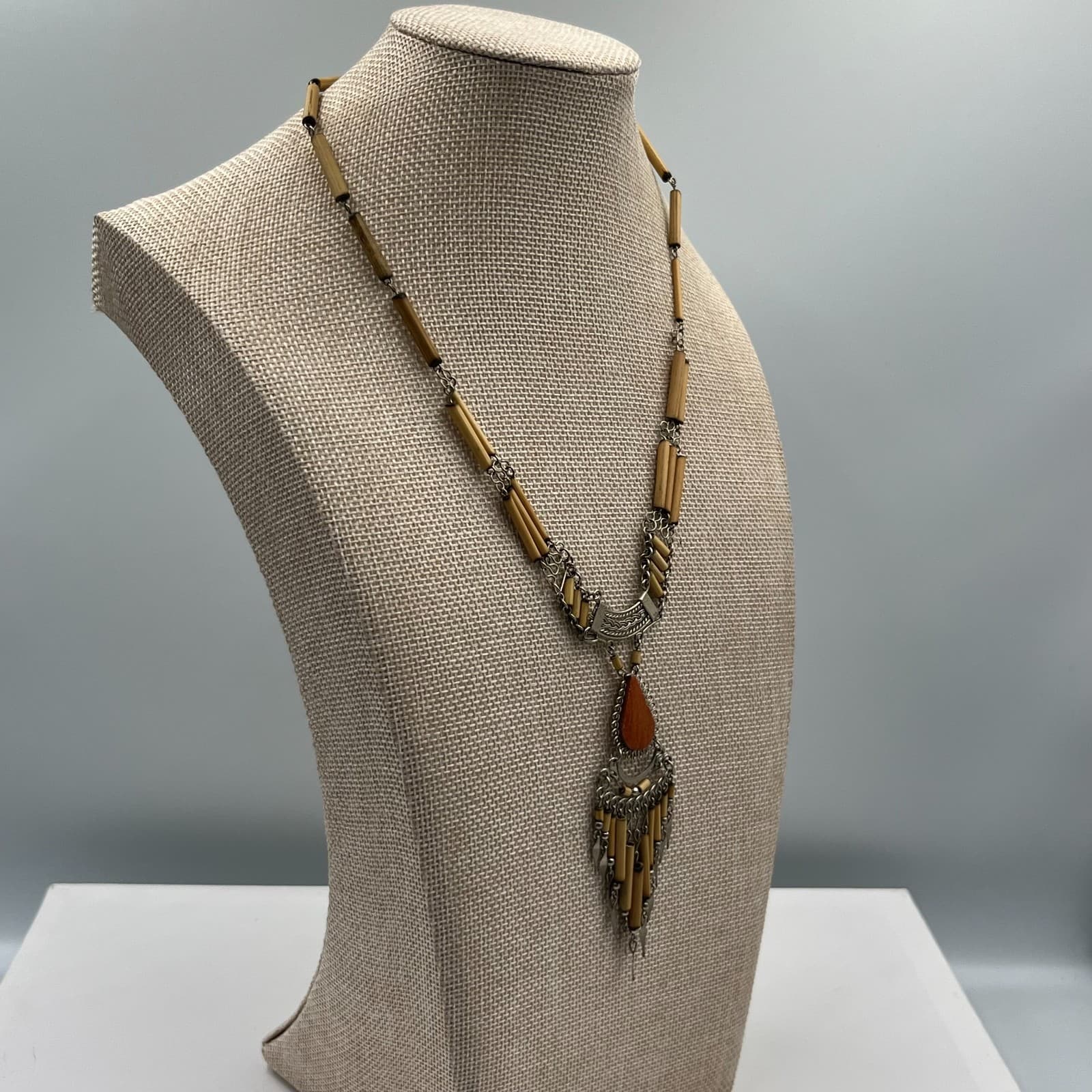 Vintage Silver-Tone Peruvian Bamboo Intricate Charm Pendant Bib Fringe Necklace - Thumbnail 6