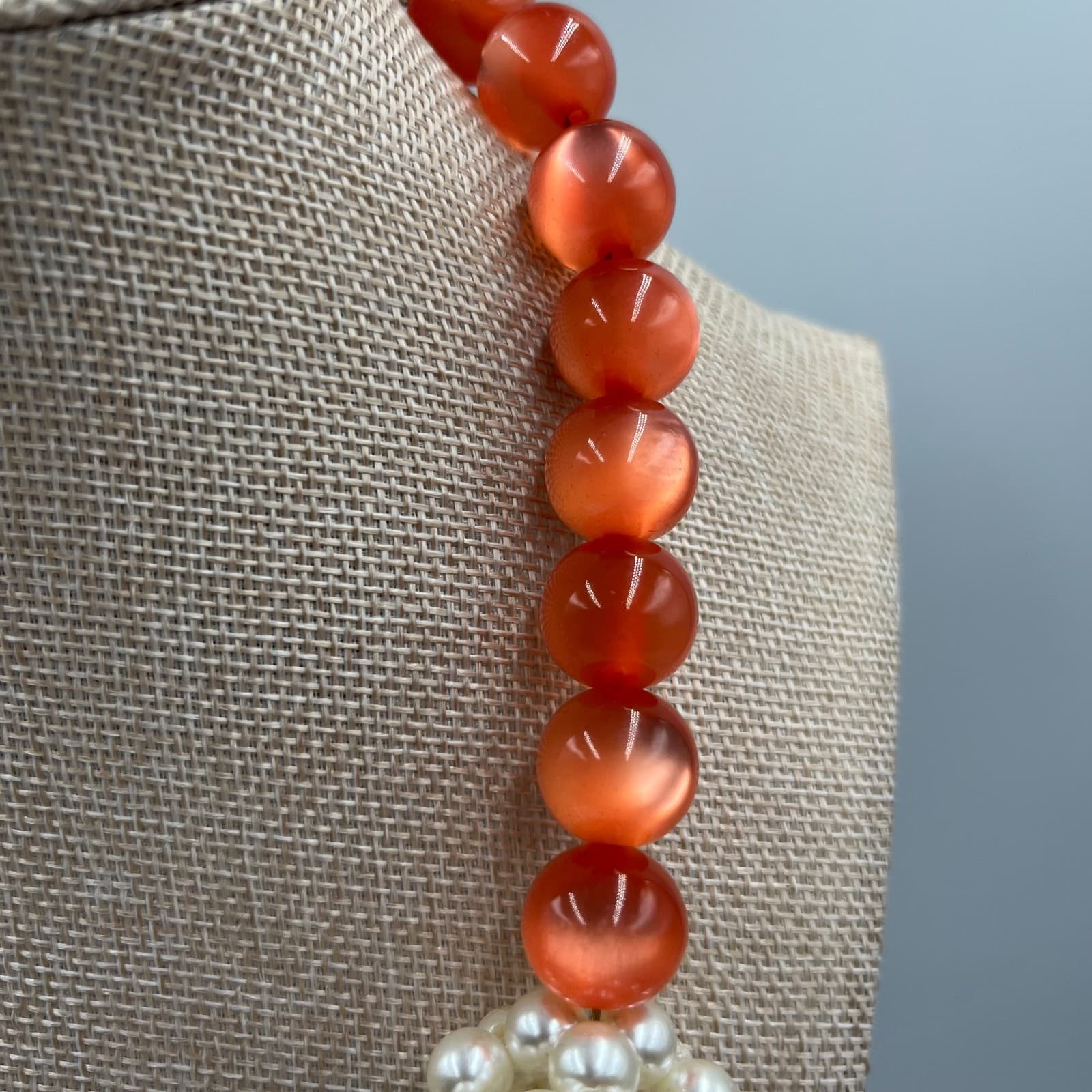 VTG White Orange Mother Of Pearl Faceted Glass Beaded Statement Collar Necklace - Thumbnail 3