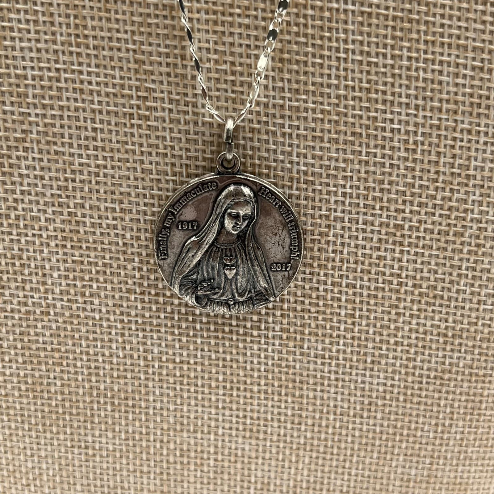 Silver-Tone 100th Anniversary Of Our Lady of Fatima Religious Medal Necklace - Thumbnail 3
