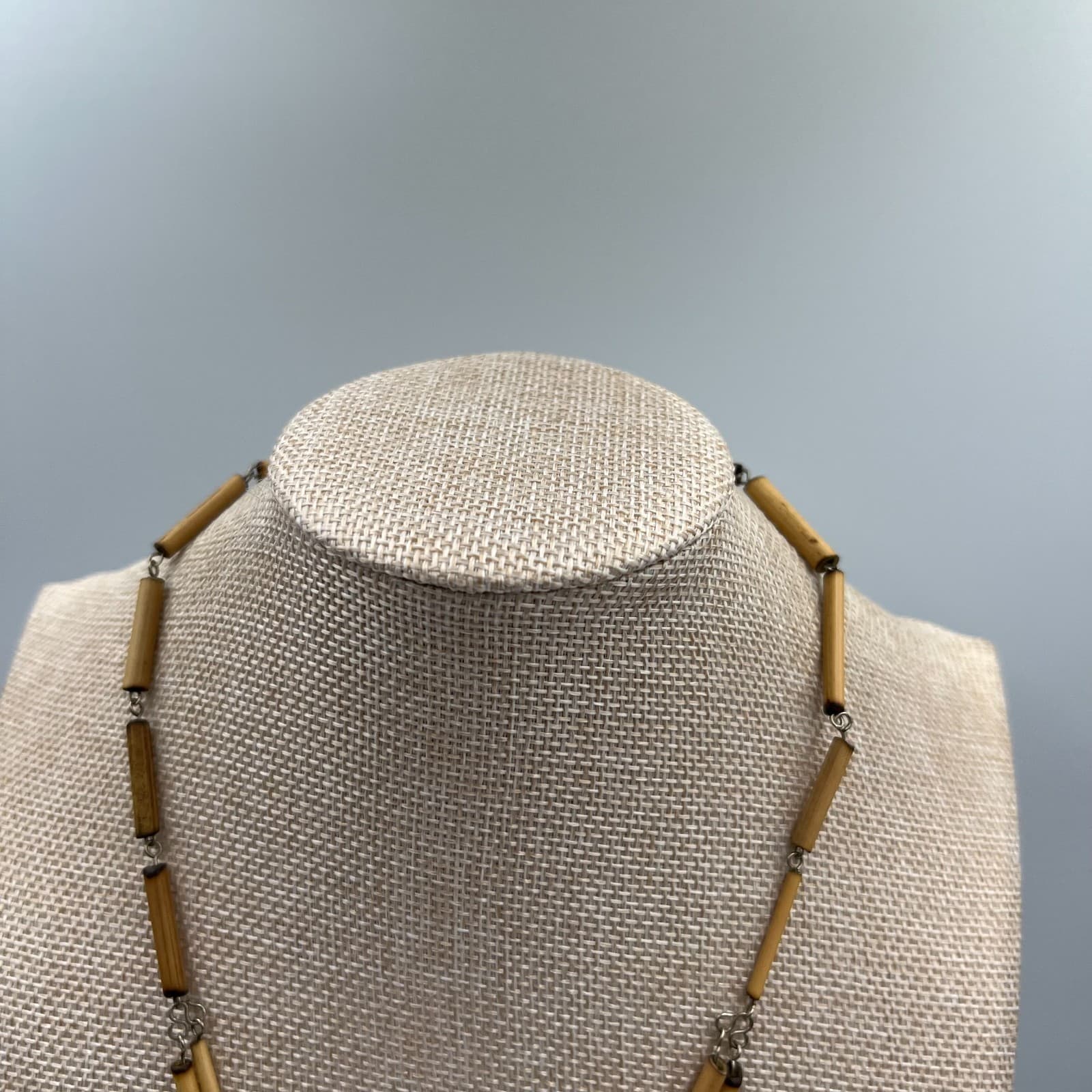 Vintage Silver-Tone Peruvian Bamboo Intricate Charm Pendant Bib Fringe Necklace - Thumbnail 2