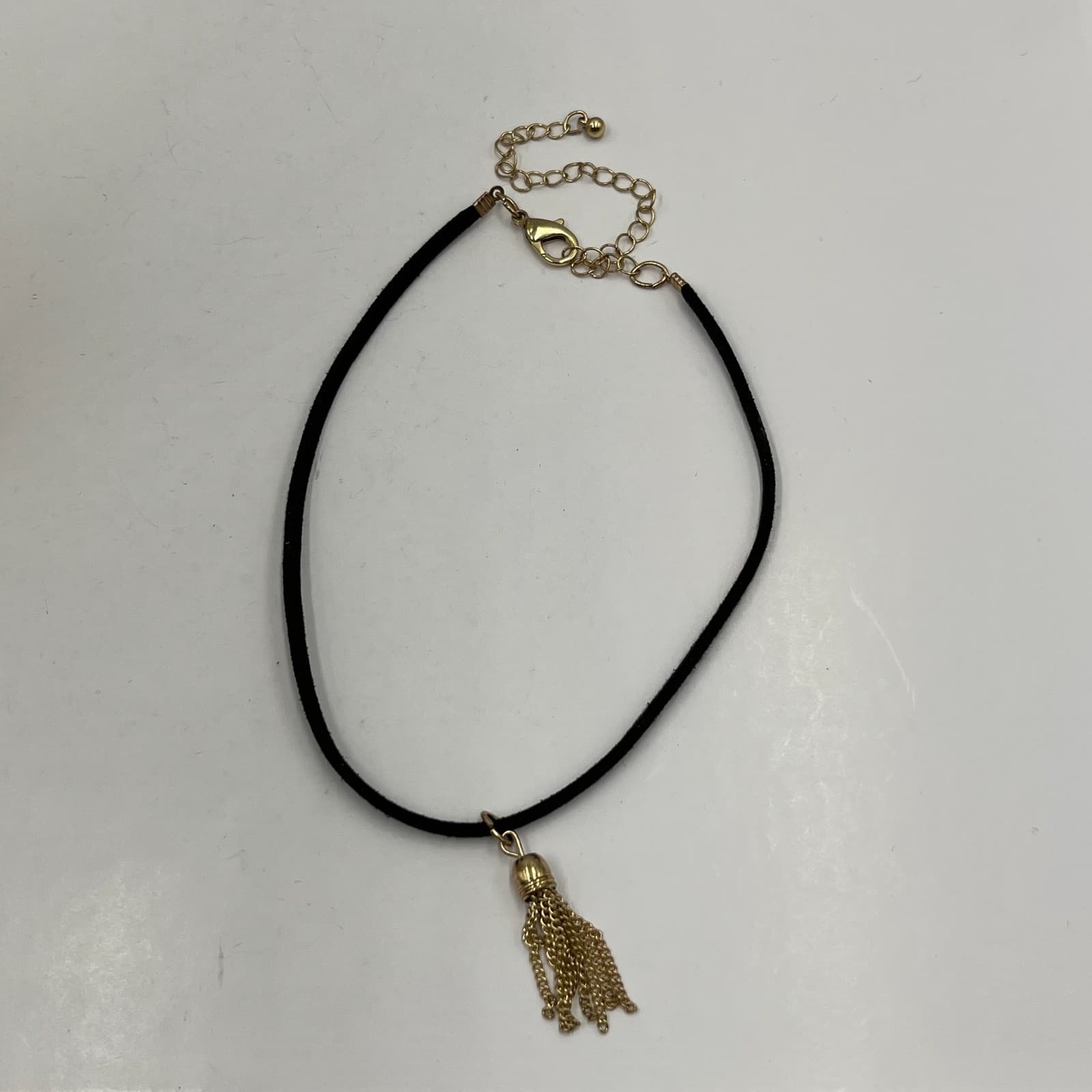 Grunge Revival Gold-Tone Black Velvet Cord Chain Tassel Pendant Choker Necklace - Thumbnail 5