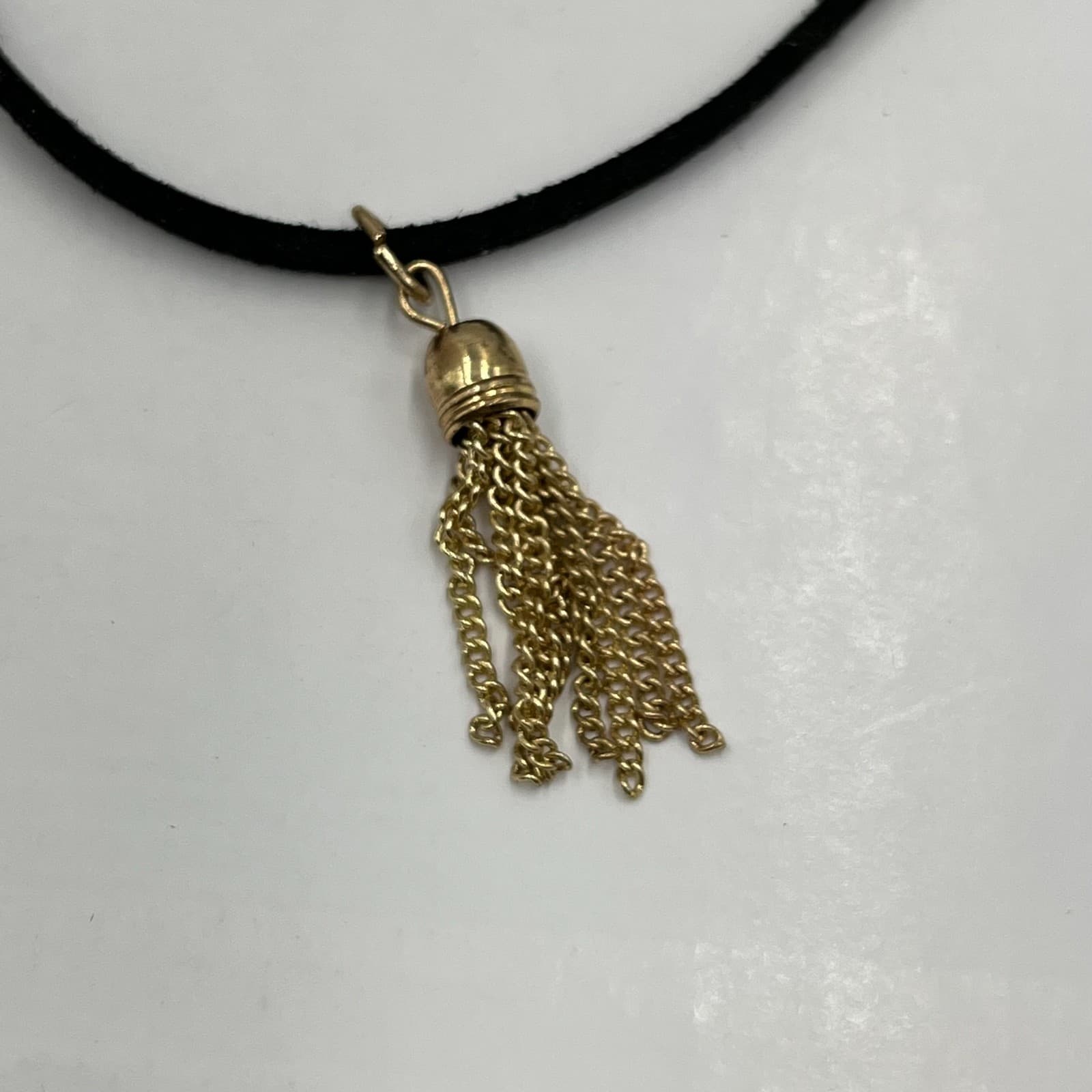 Grunge Revival Gold-Tone Black Velvet Cord Chain Tassel Pendant Choker Necklace - Thumbnail 6