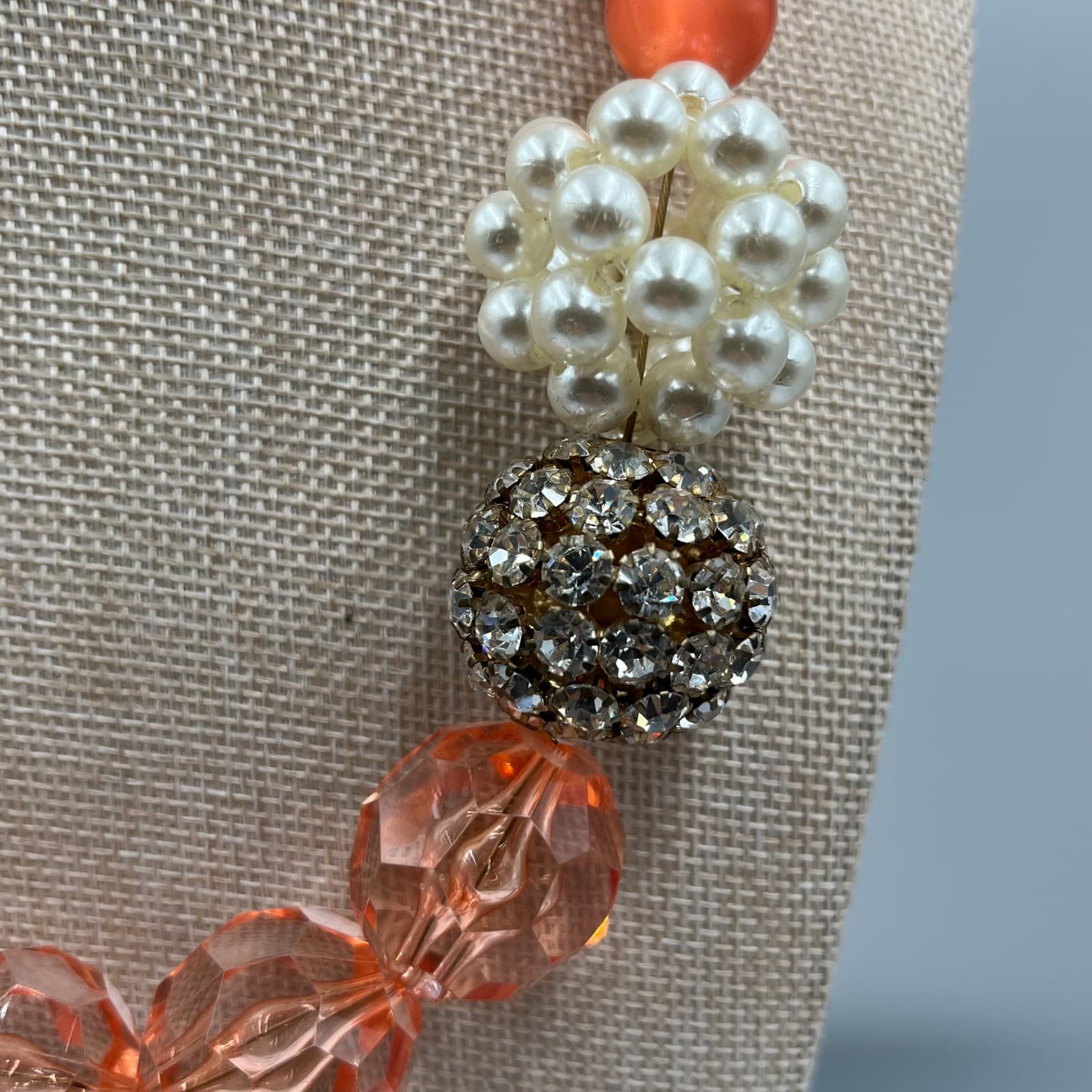 VTG White Orange Mother Of Pearl Faceted Glass Beaded Statement Collar Necklace - Thumbnail 4