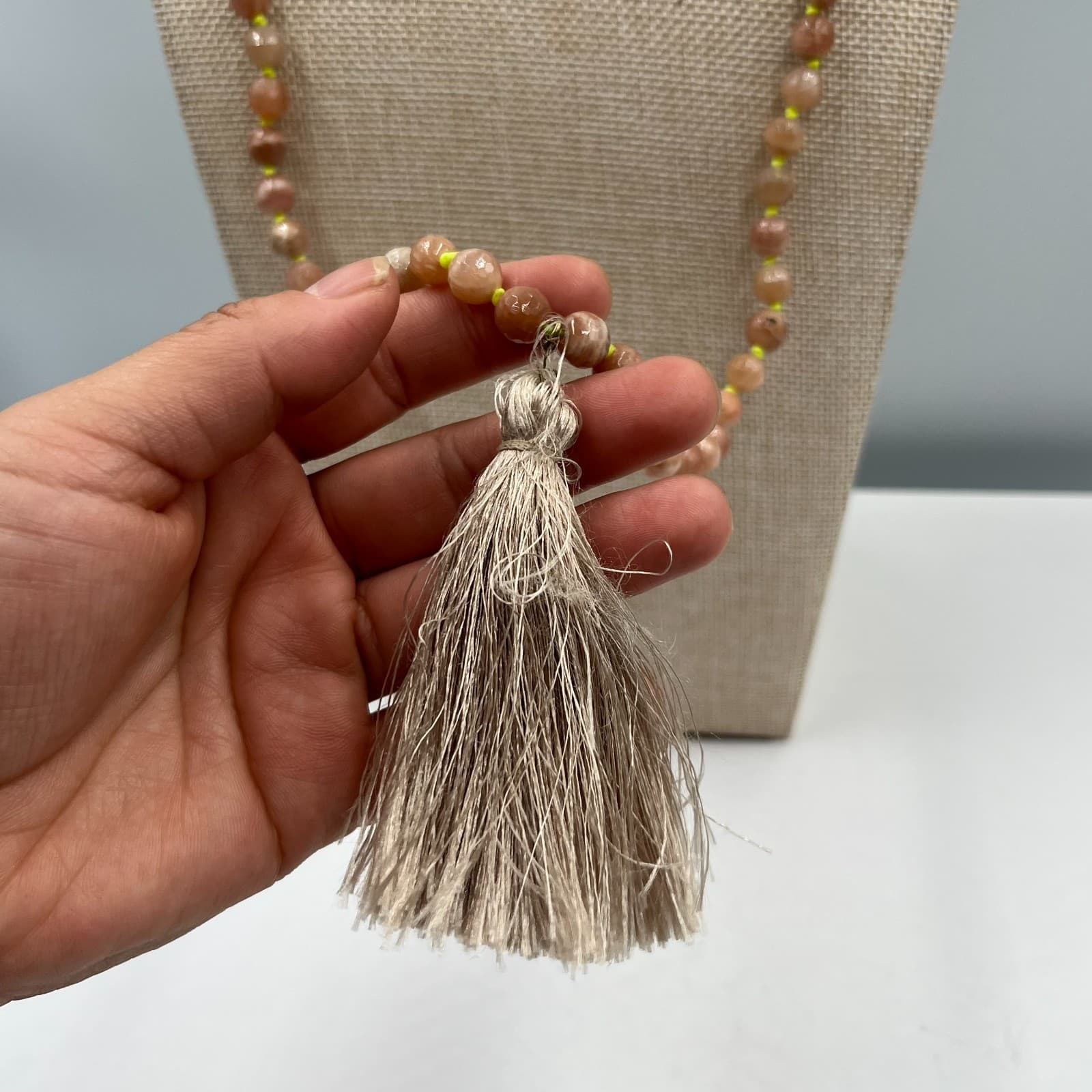 Neo-Boho Hand-knotted Beige Brown Mala Beads Meditation Tassel Lobster Necklace - Thumbnail 4
