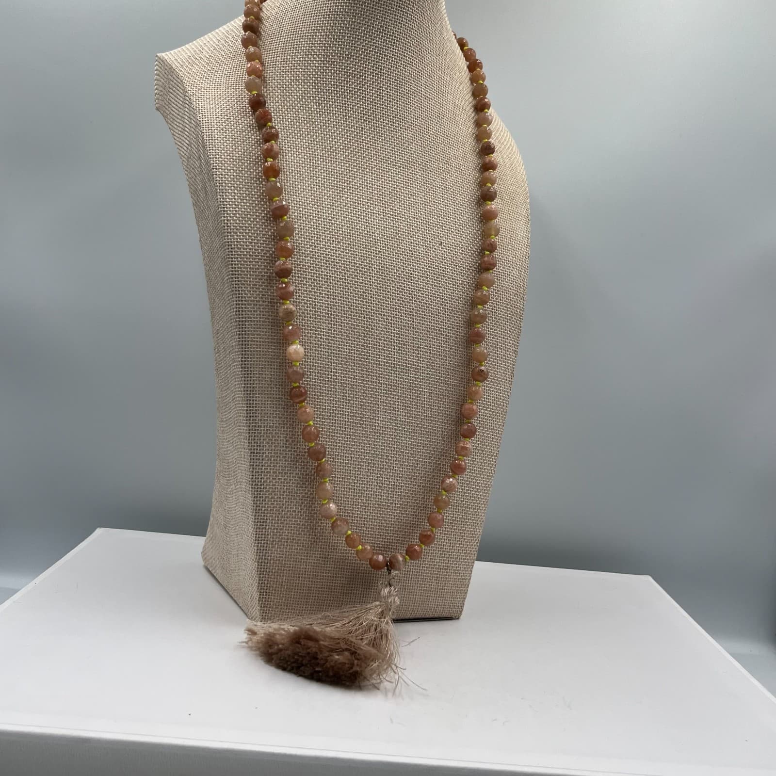 Neo-Boho Hand-knotted Beige Brown Mala Beads Meditation Tassel Lobster Necklace - Thumbnail 5