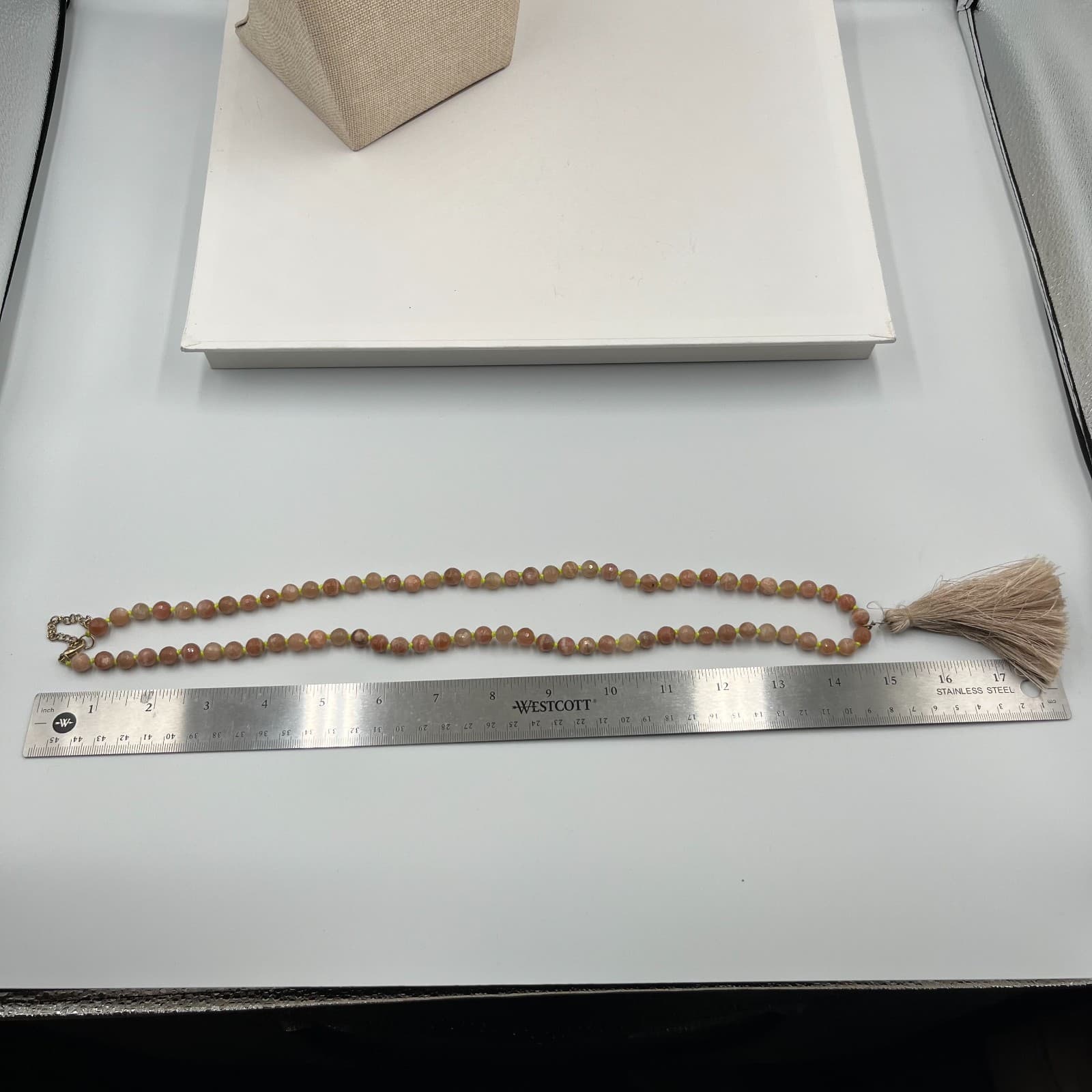 Neo-Boho Hand-knotted Beige Brown Mala Beads Meditation Tassel Lobster Necklace - Thumbnail 7