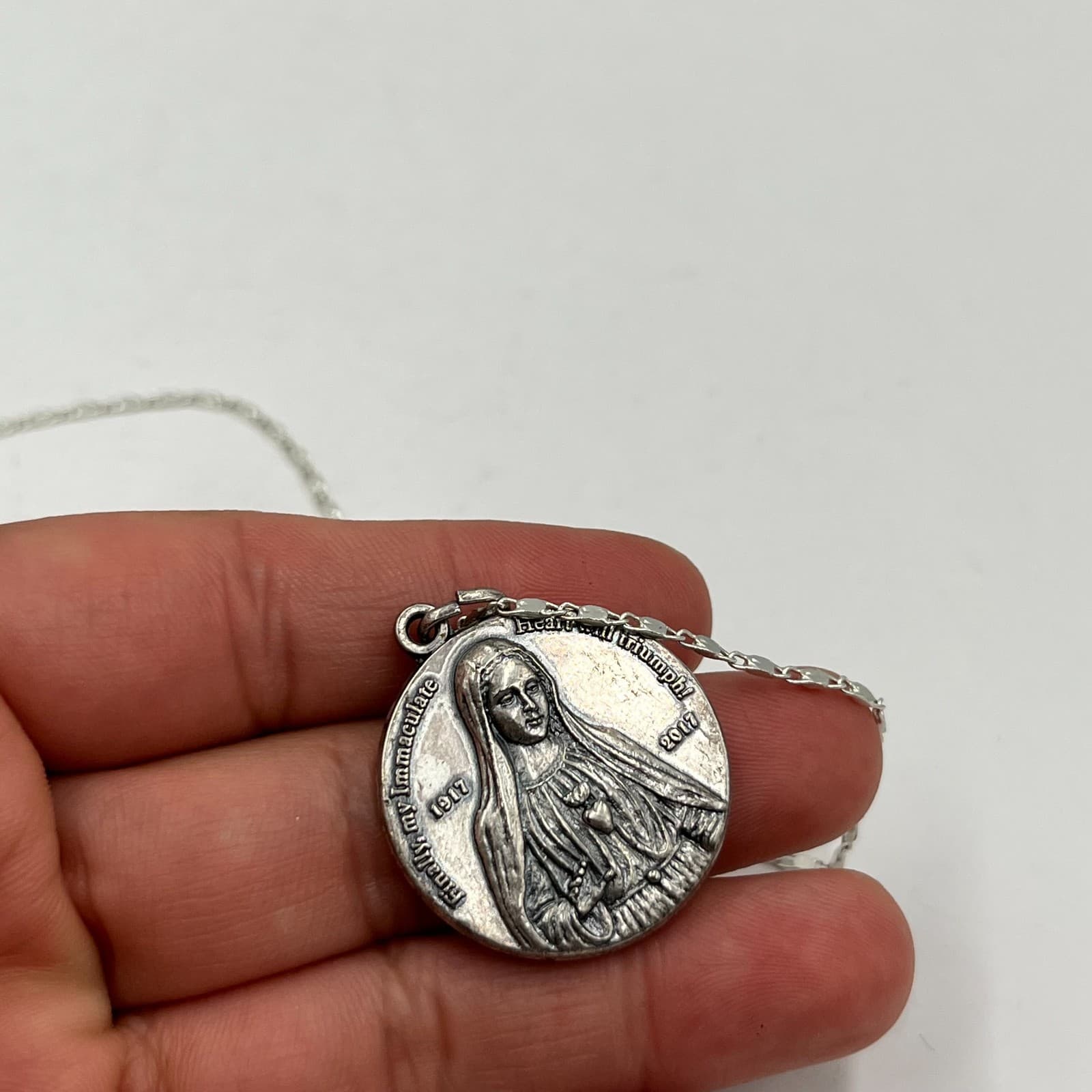 Silver-Tone 100th Anniversary Of Our Lady of Fatima Religious Medal Necklace - Thumbnail 8