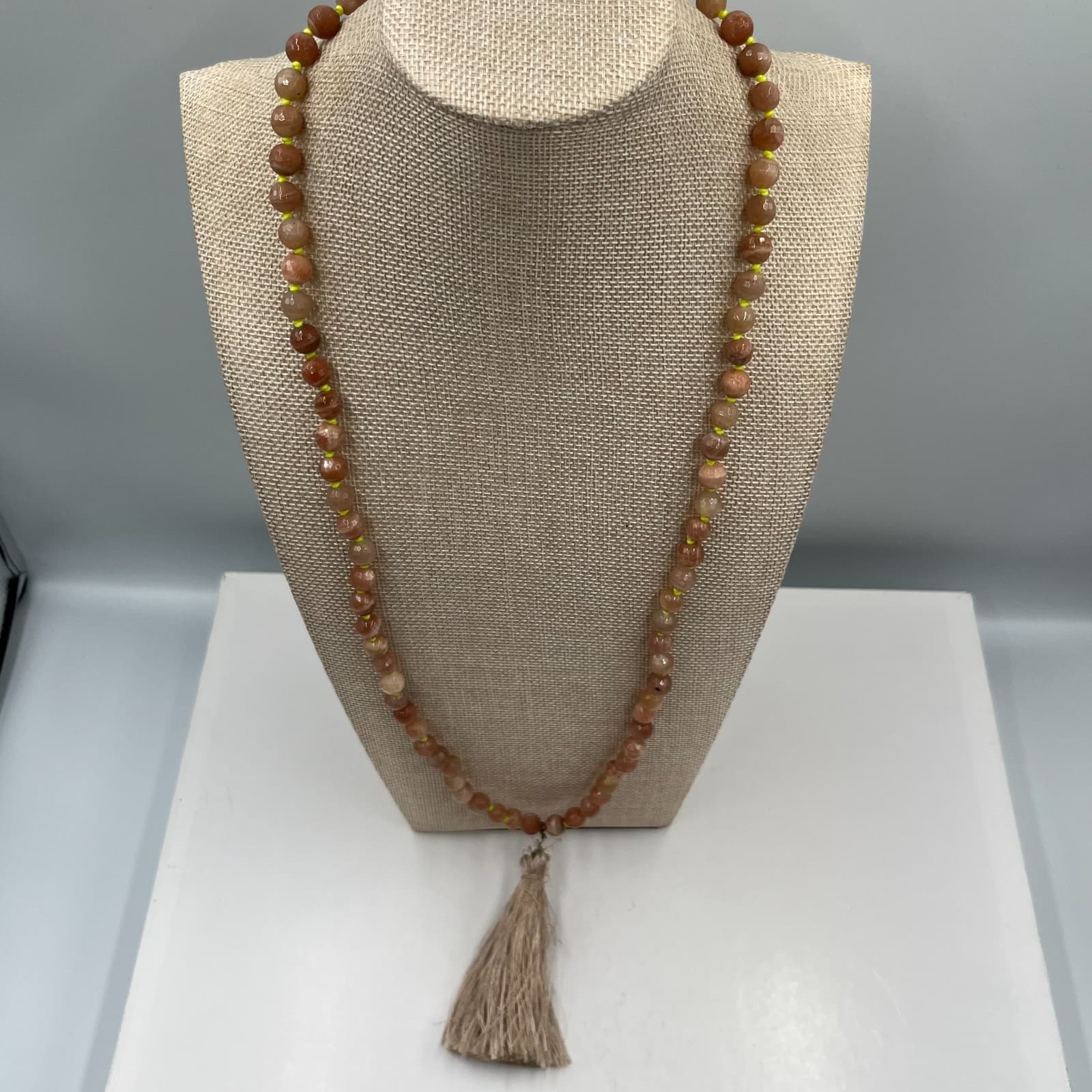 Neo-Boho Hand-knotted Beige Brown Mala Beads Meditation Tassel Lobster Necklace - Thumbnail 2