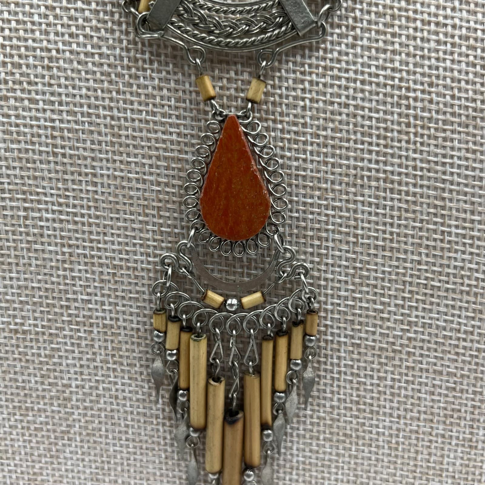 Vintage Silver-Tone Peruvian Bamboo Intricate Charm Pendant Bib Fringe Necklace - Thumbnail 4