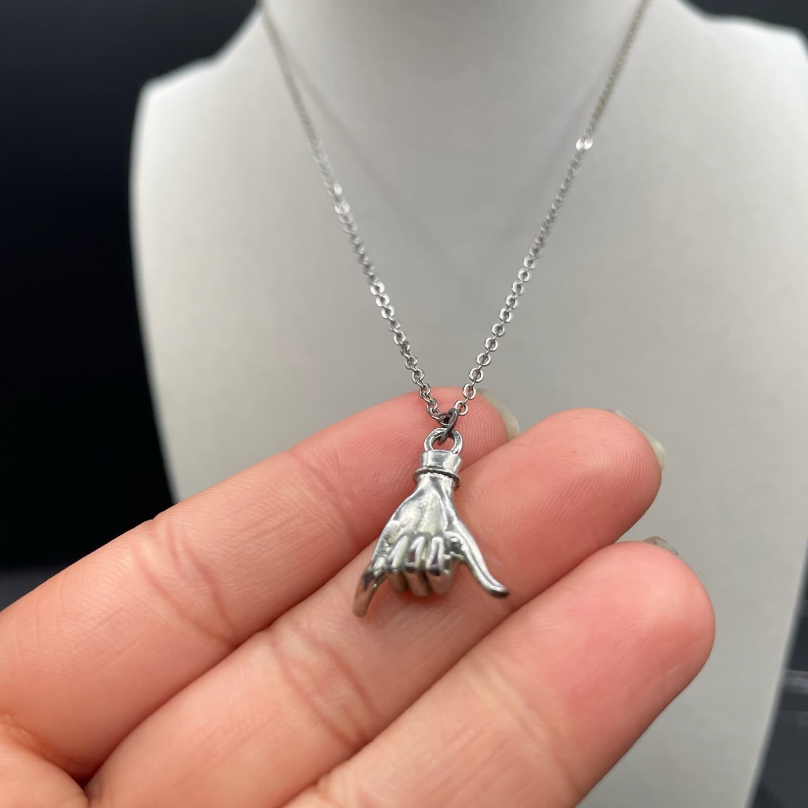 Contemporary Silver-Tone Chain "Sign Of The Horns Shaka" Shaka Pendant Necklace - Image 1