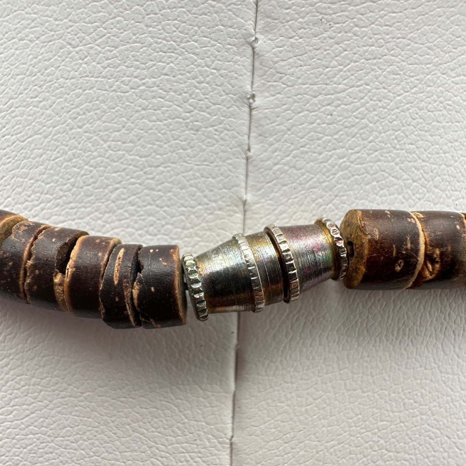 Vintage 80s Wooden Bead Necklace Brown Cylindrical Silver Tone Women's Jewelry - Thumbnail 10