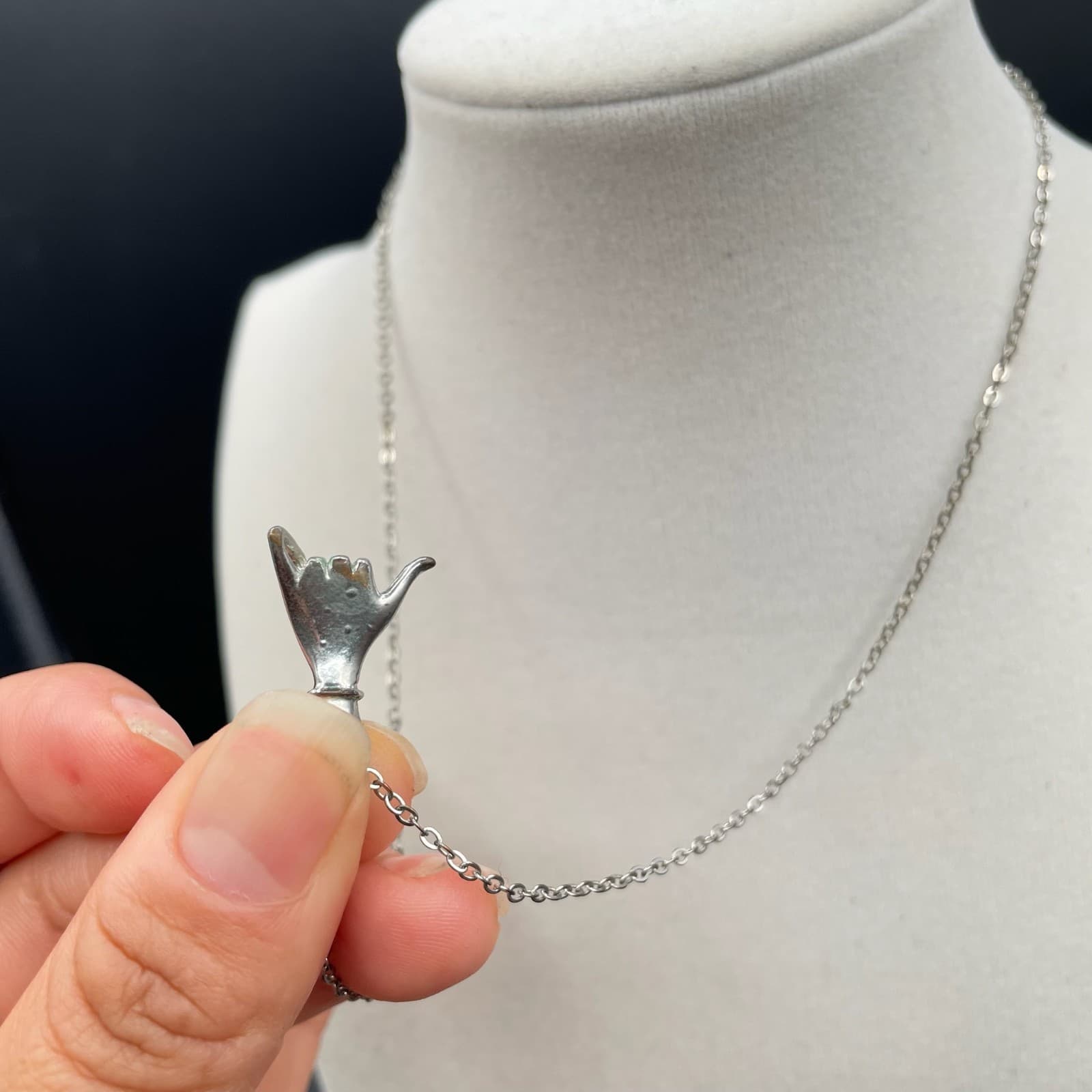 Contemporary Silver-Tone Chain "Sign Of The Horns Shaka" Shaka Pendant Necklace - Thumbnail 4