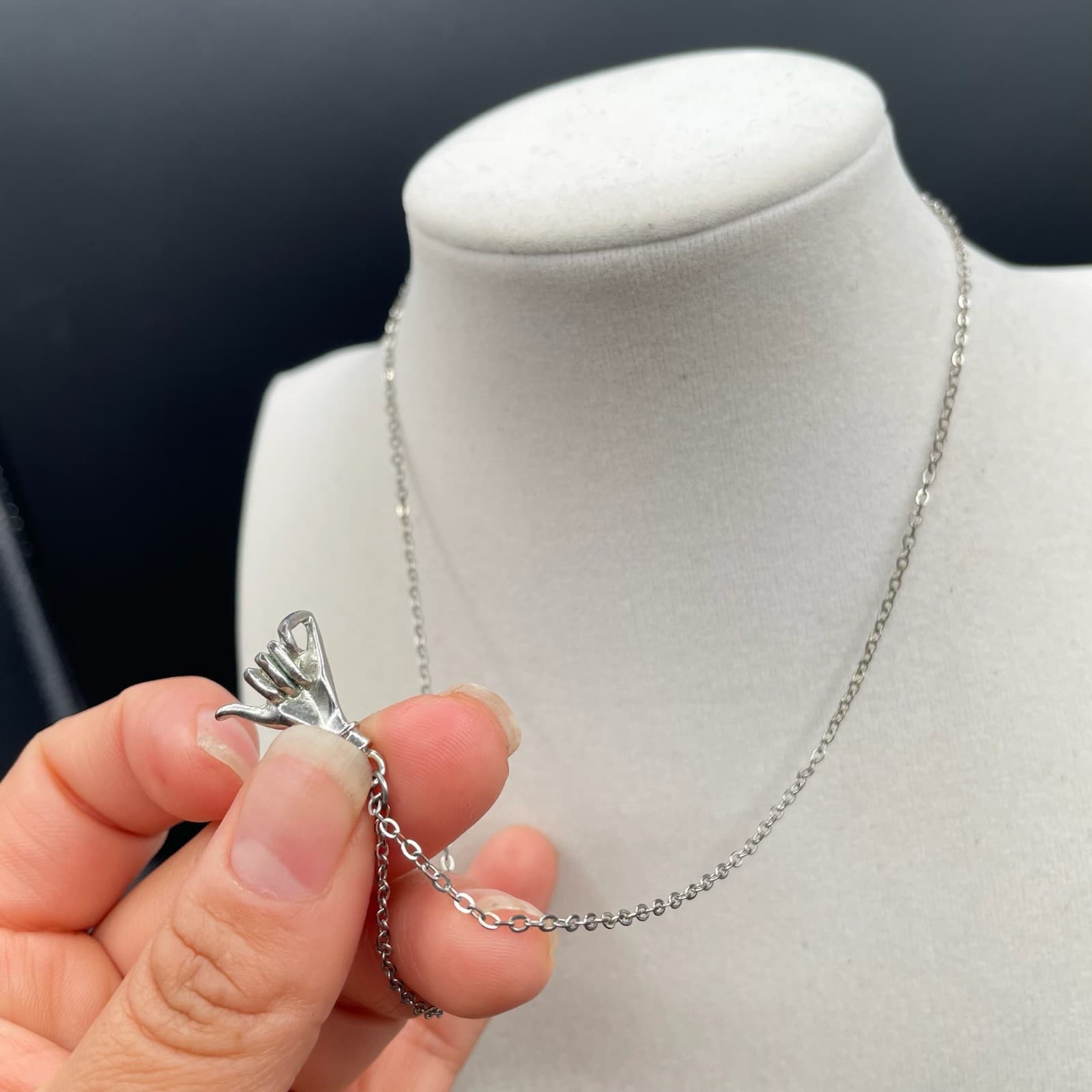 Contemporary Silver-Tone Chain "Sign Of The Horns Shaka" Shaka Pendant Necklace - Thumbnail 5