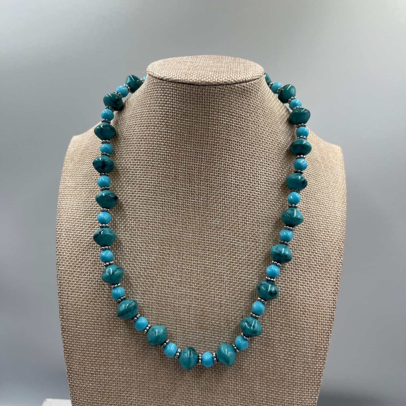 Vintage Teal Bohemian Adjustable Matinee-Length Nugget Beaded Lobster Necklace - Image 1