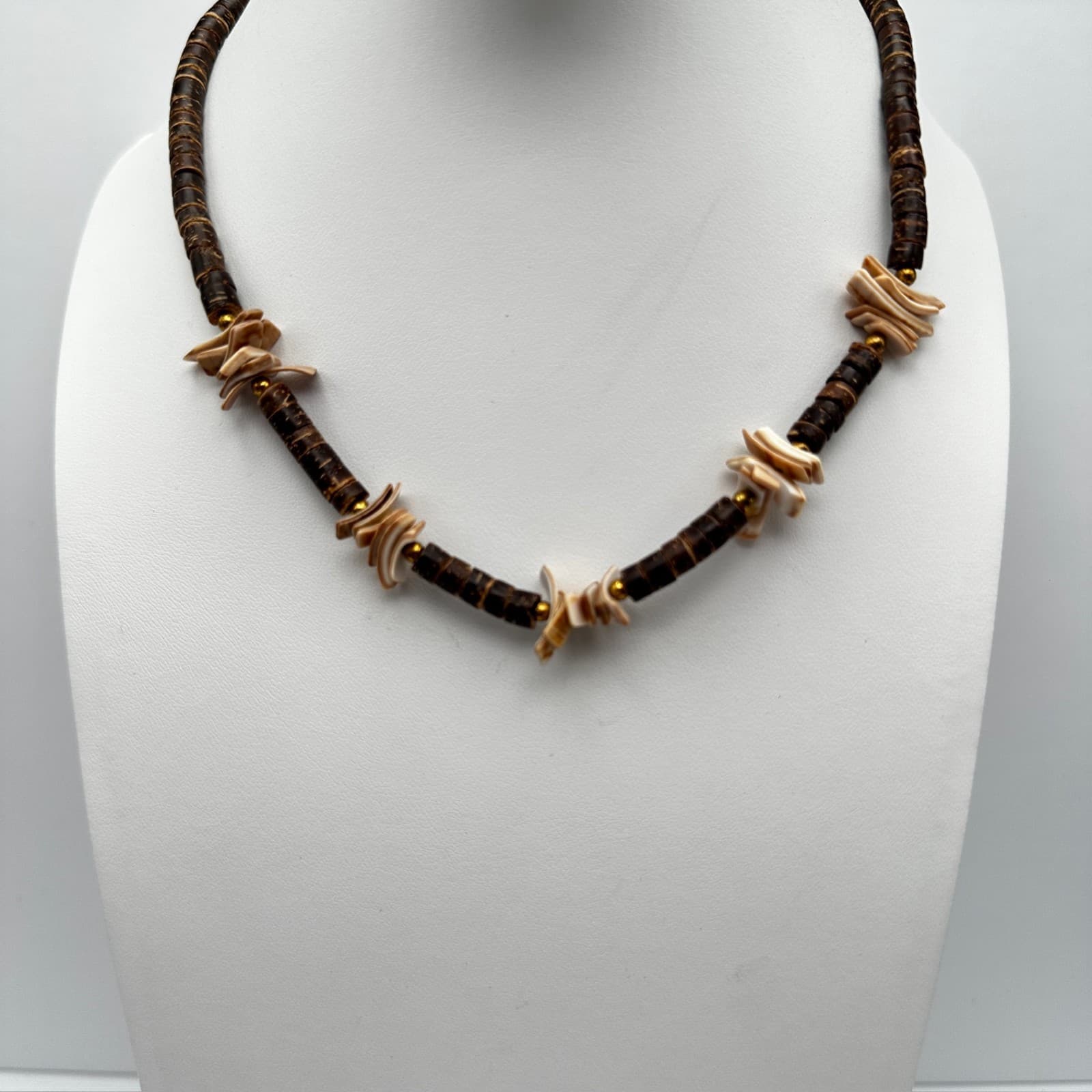 Vintage 80s Wooden Bead Necklace Brown Cylindrical Silver Tone Women's Jewelry - Image 1