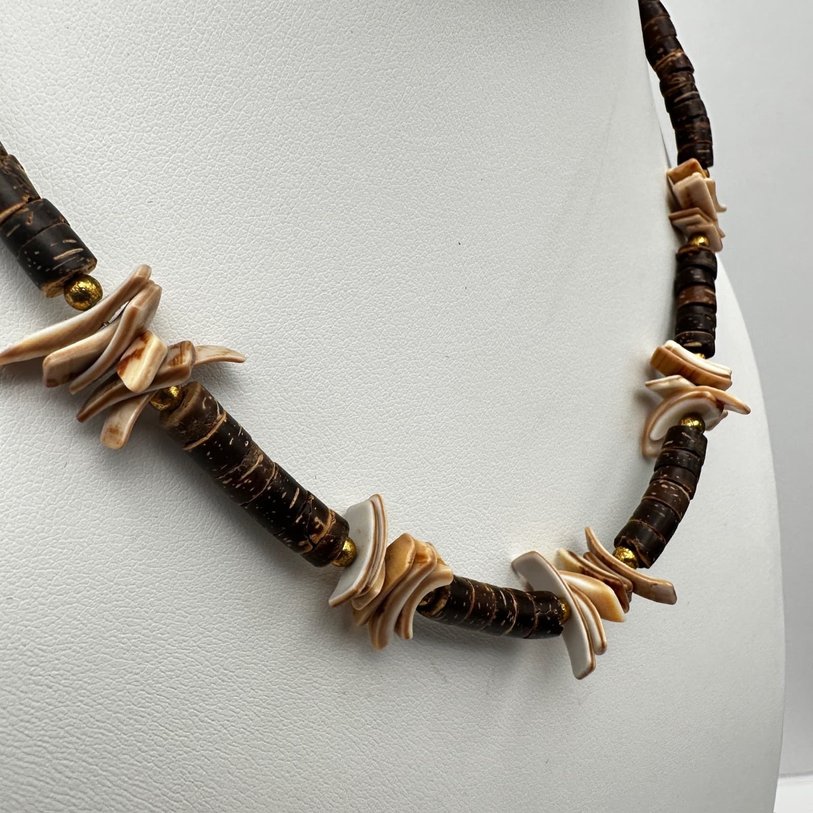 Vintage 80s Wooden Bead Necklace Brown Cylindrical Silver Tone Women's Jewelry - Thumbnail 9