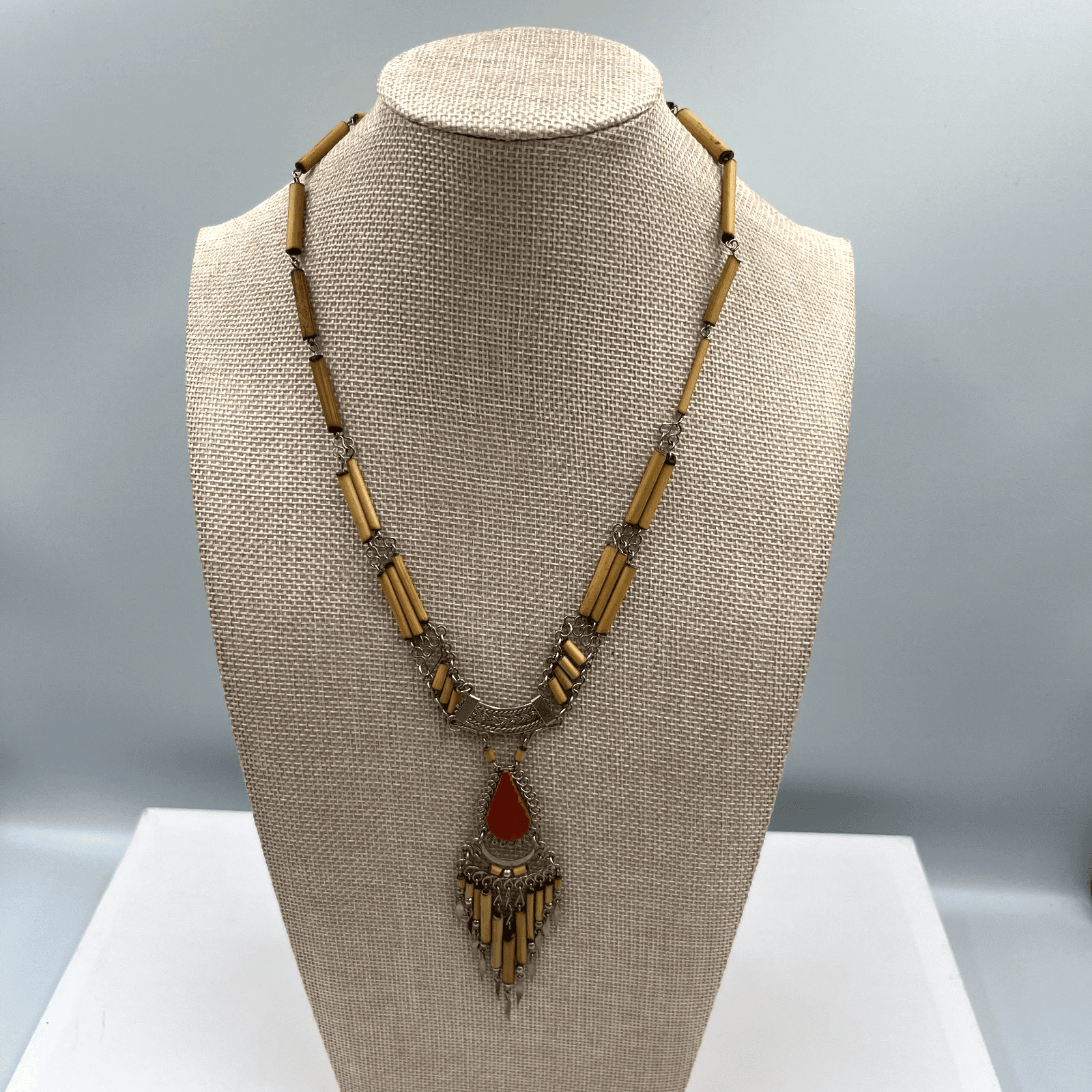 Vintage Silver-Tone Peruvian Bamboo Intricate Charm Pendant Bib Fringe Necklace - Image 1