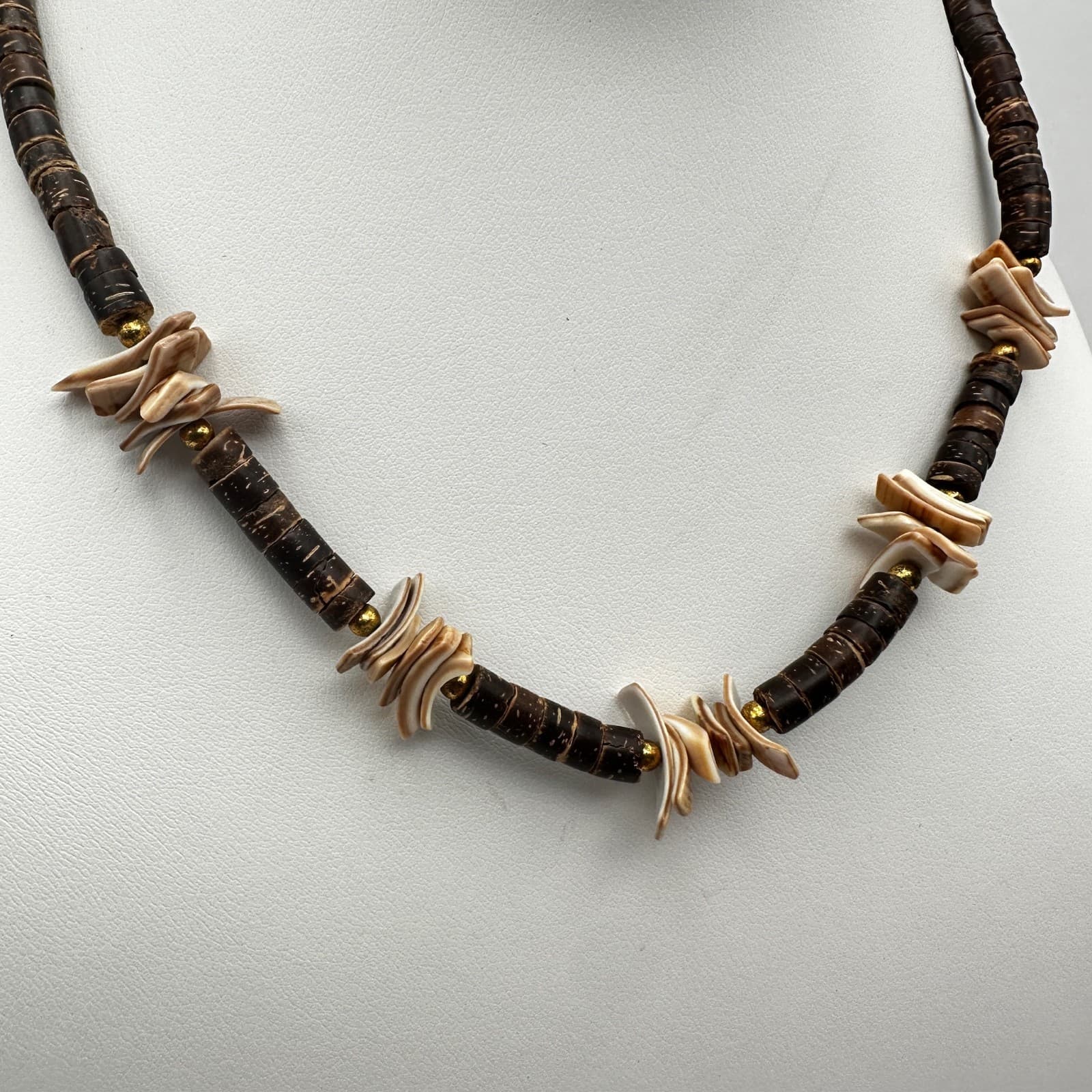 Vintage 80s Wooden Bead Necklace Brown Cylindrical Silver Tone Women's Jewelry - Thumbnail 2