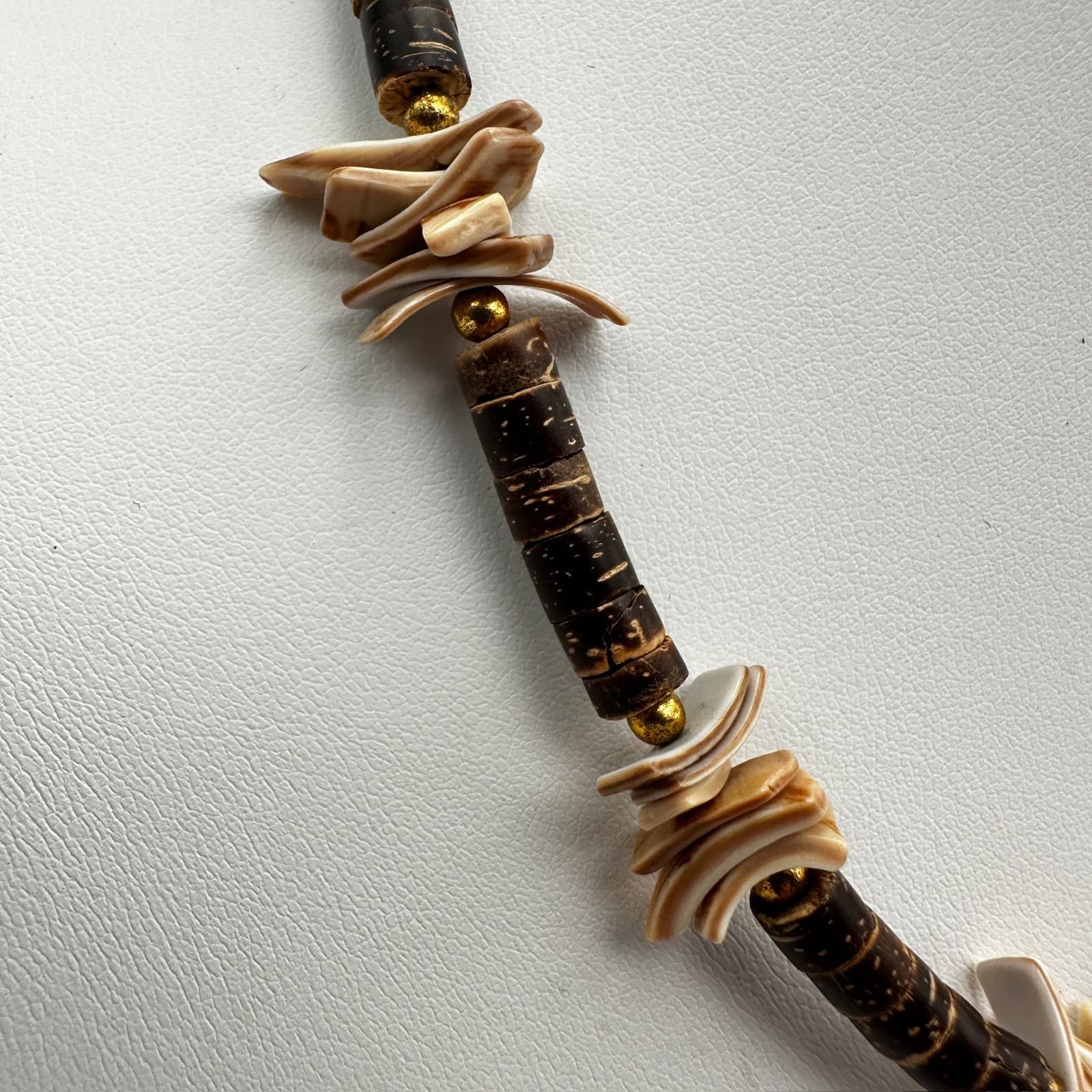 Vintage 80s Wooden Bead Necklace Brown Cylindrical Silver Tone Women's Jewelry - Thumbnail 4