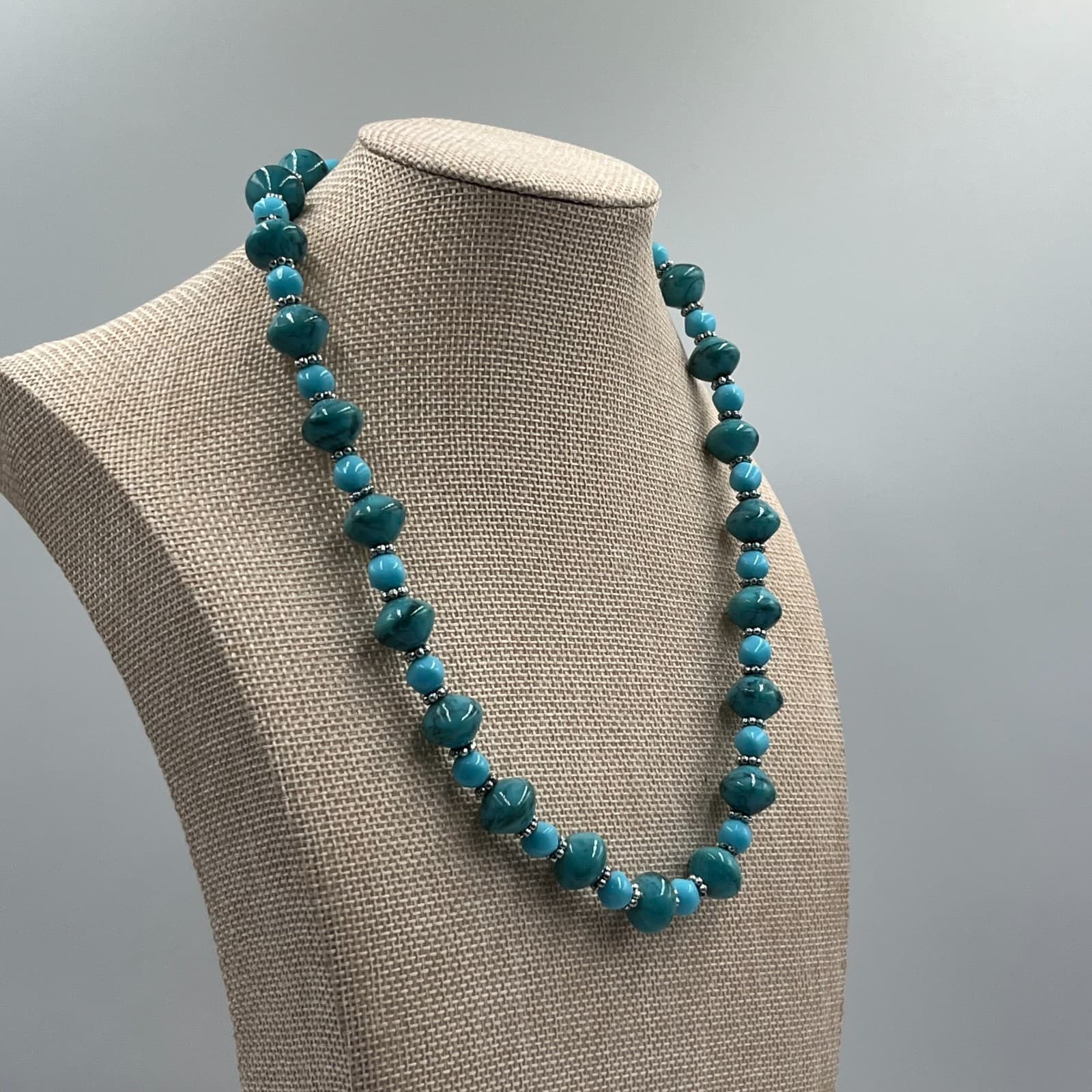 Vintage Teal Bohemian Adjustable Matinee-Length Nugget Beaded Lobster Necklace - Thumbnail 4