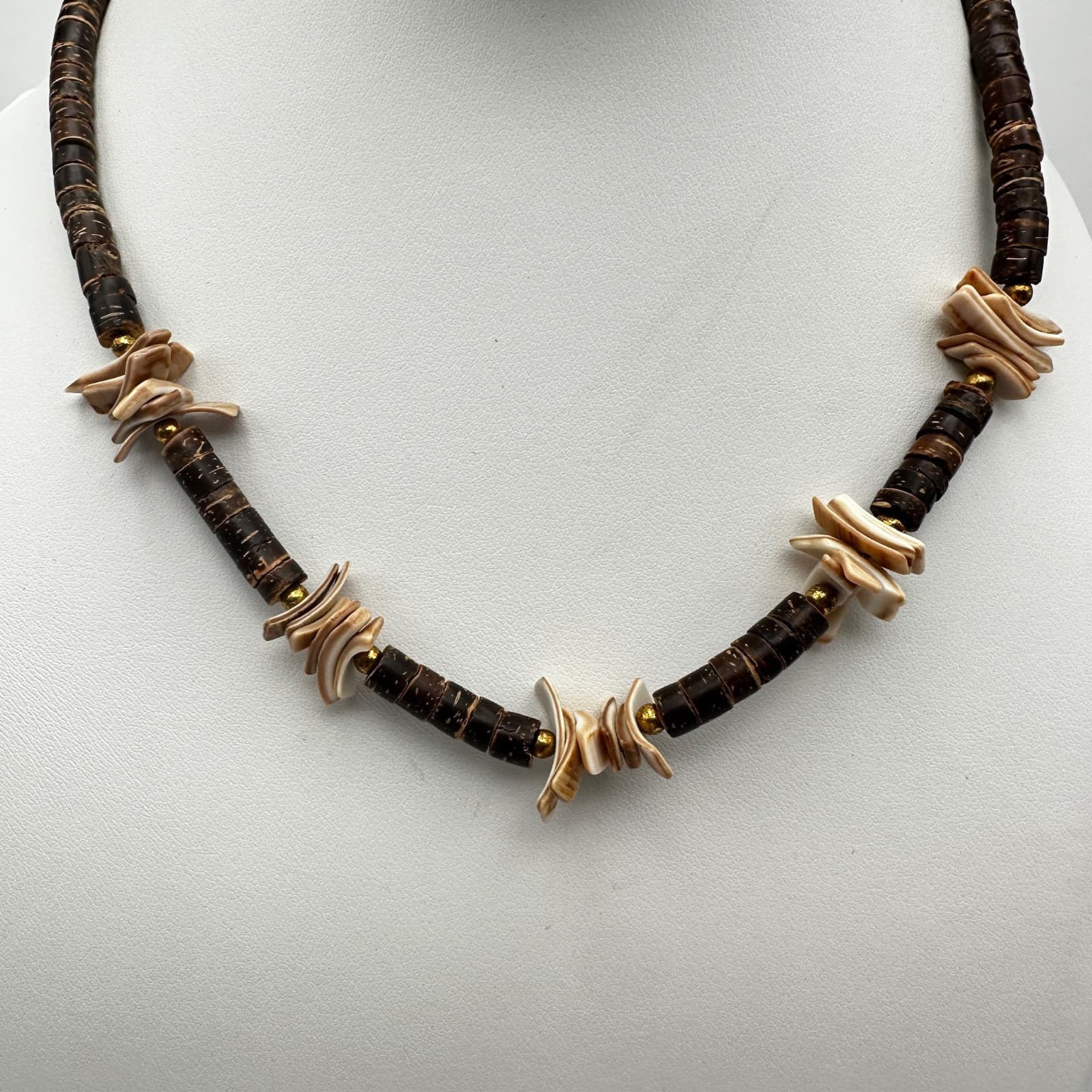 Vintage 80s Wooden Bead Necklace Brown Cylindrical Silver Tone Women's Jewelry - Thumbnail 8