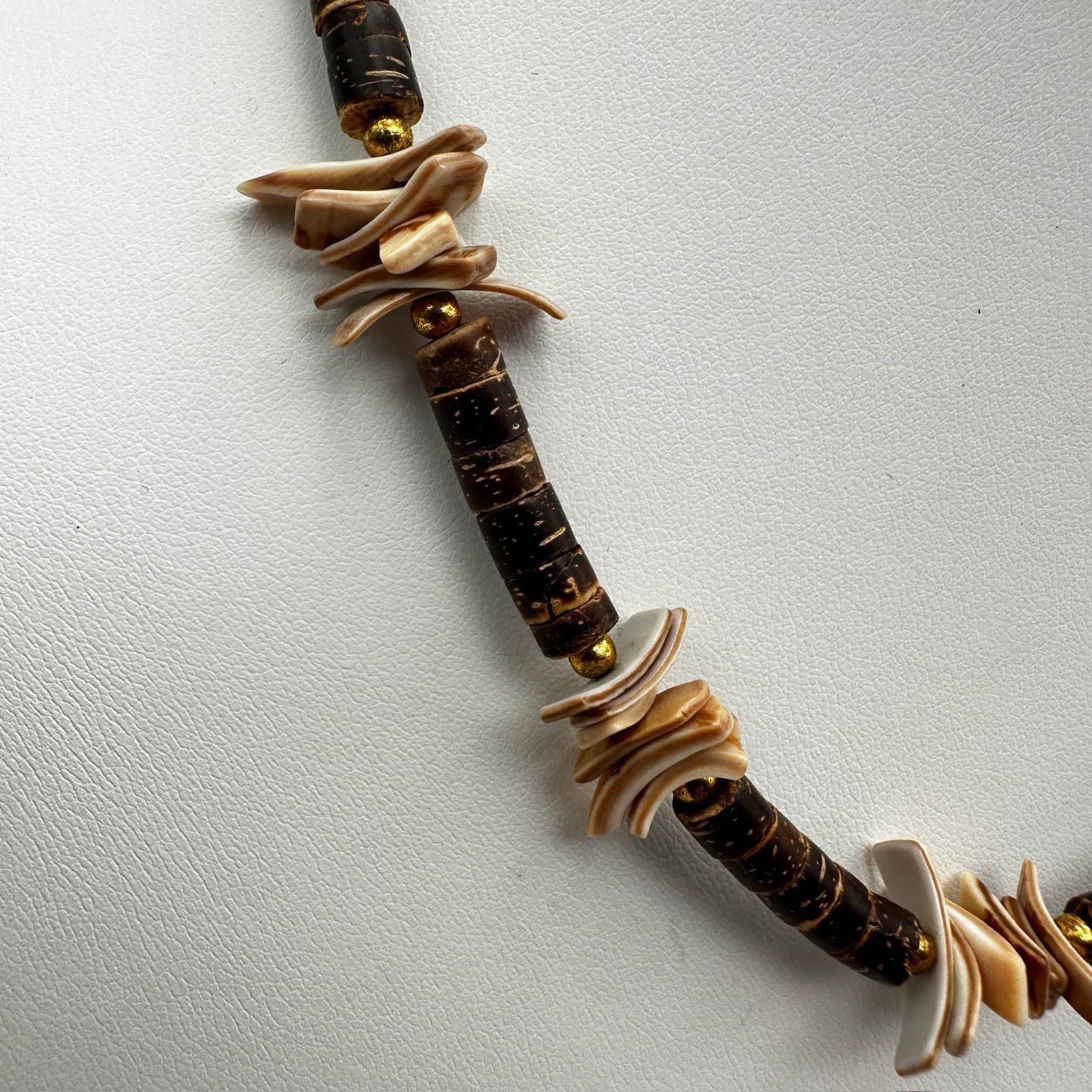 Vintage 80s Wooden Bead Necklace Brown Cylindrical Silver Tone Women's Jewelry - Thumbnail 3