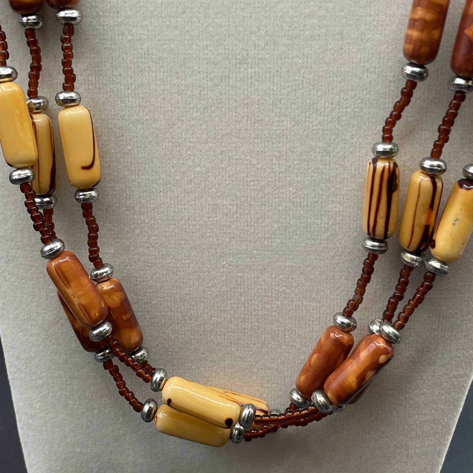 Vintage Brown Retro Beaded Layered Flapper Triple-Stranded Lobster Necklace - Thumbnail 5