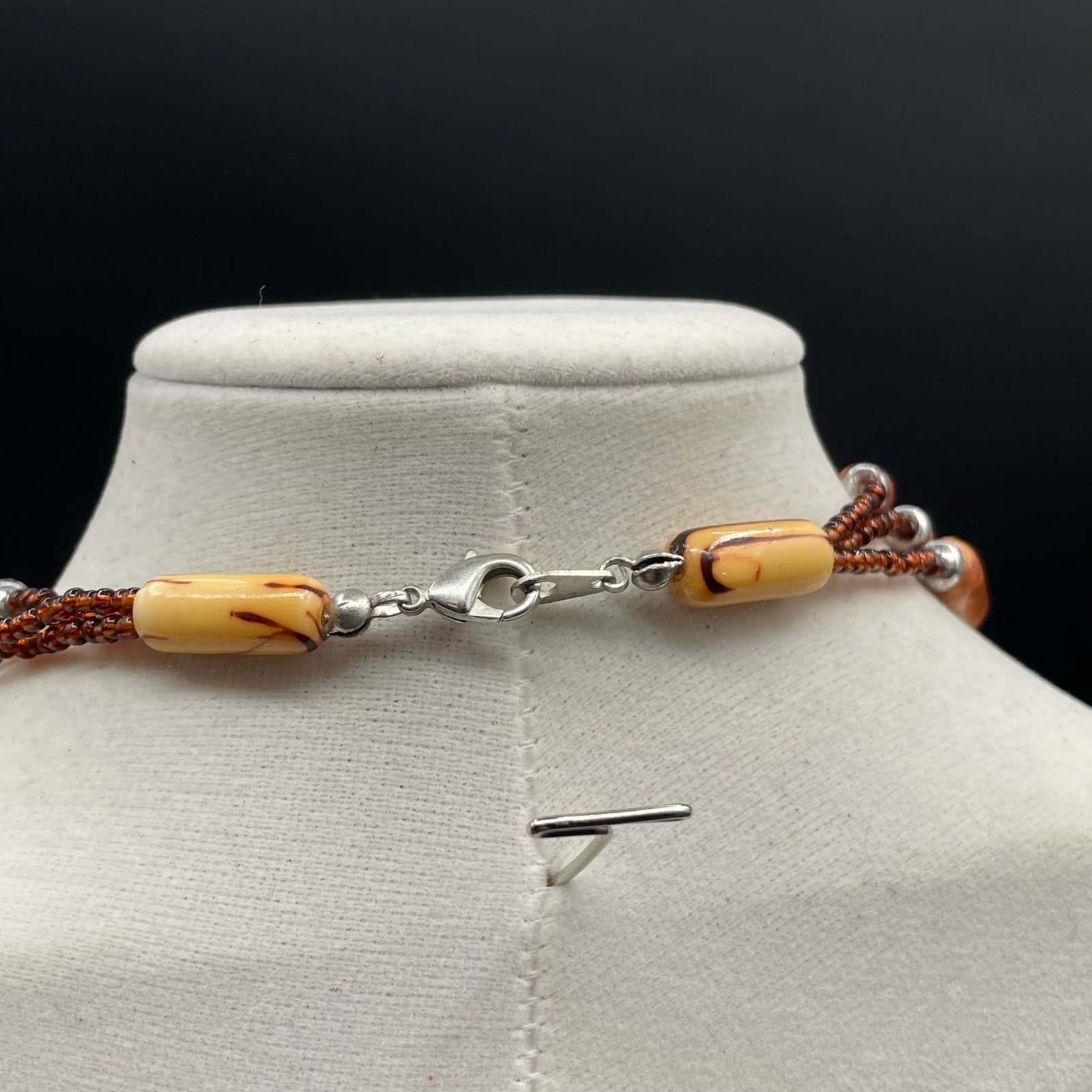 Vintage Brown Retro Beaded Layered Flapper Triple-Stranded Lobster Necklace - Thumbnail 6