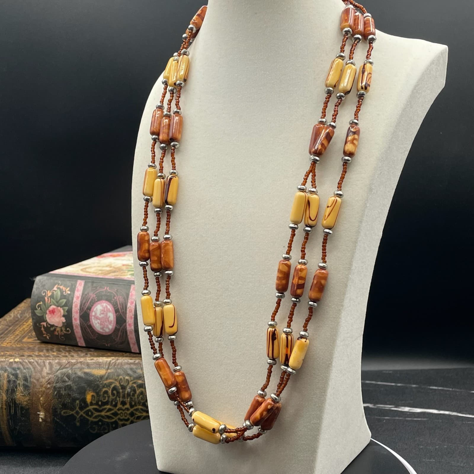 Vintage Brown Retro Beaded Layered Flapper Triple-Stranded Lobster Necklace - Image 1