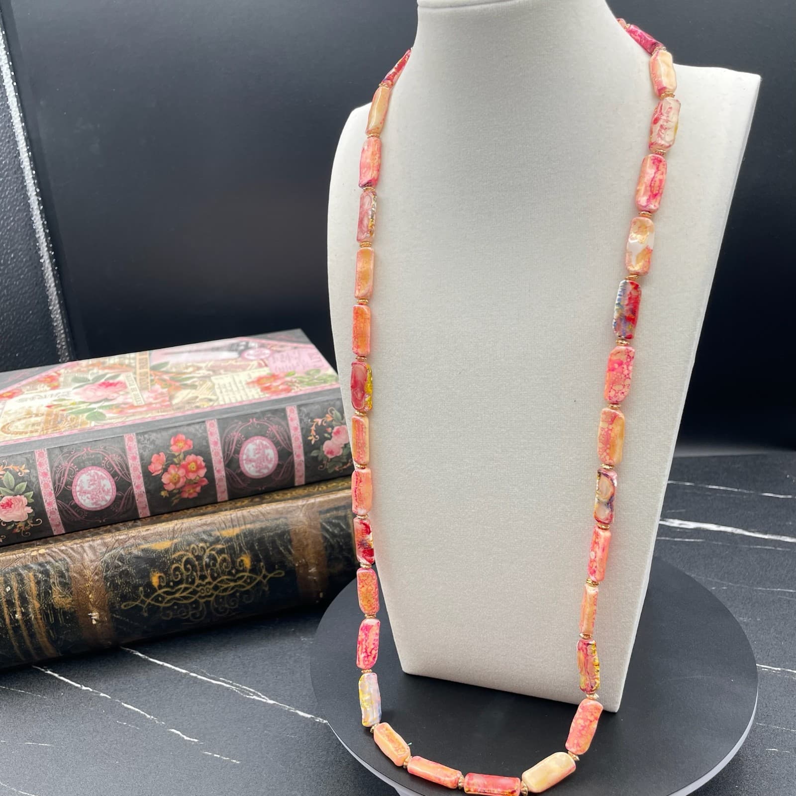 Multi-Color Classic Long Rectangular Tablet Opal Beaded Strand Magnetic Necklace - Thumbnail 6