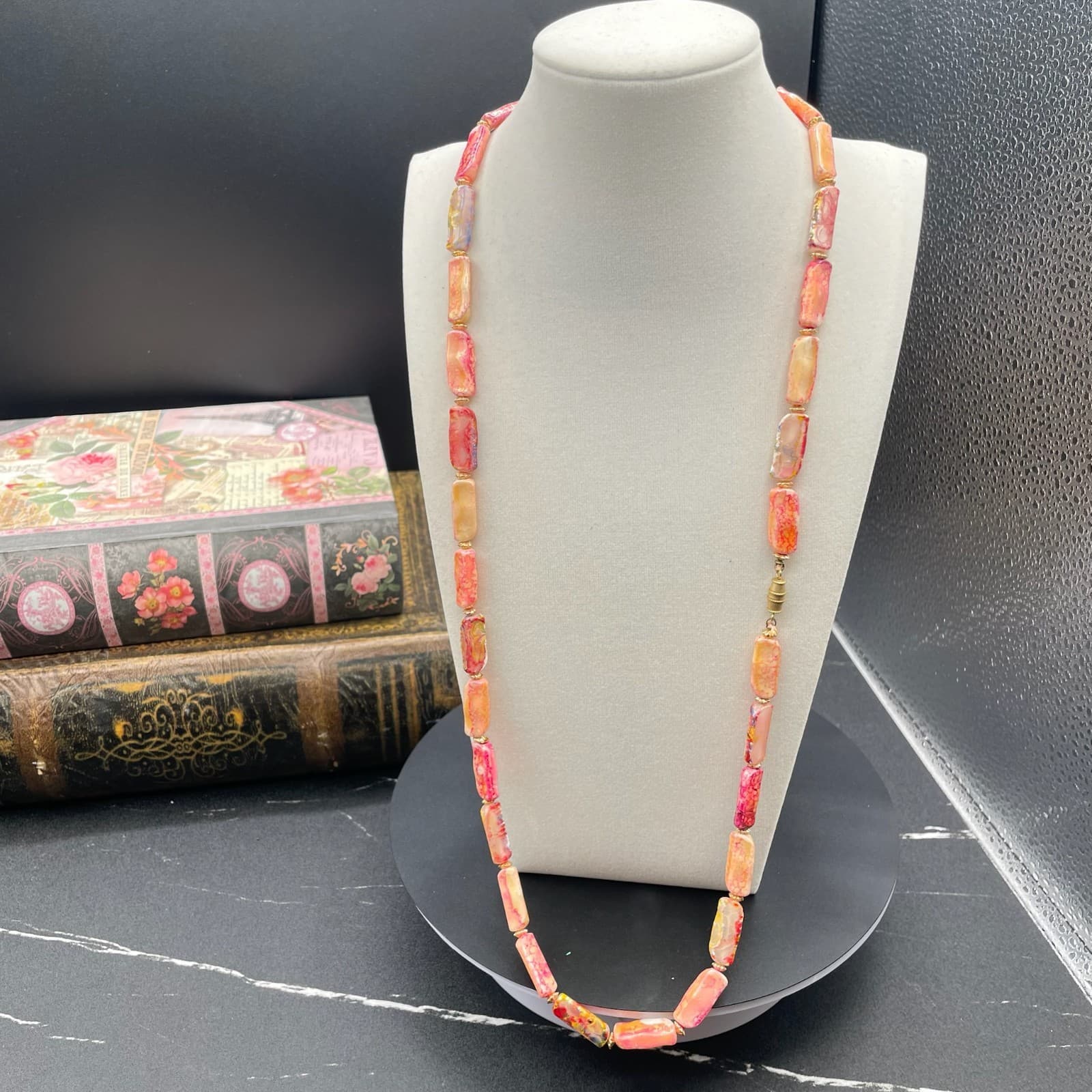 Multi-Color Classic Long Rectangular Tablet Opal Beaded Strand Magnetic Necklace - Image 1