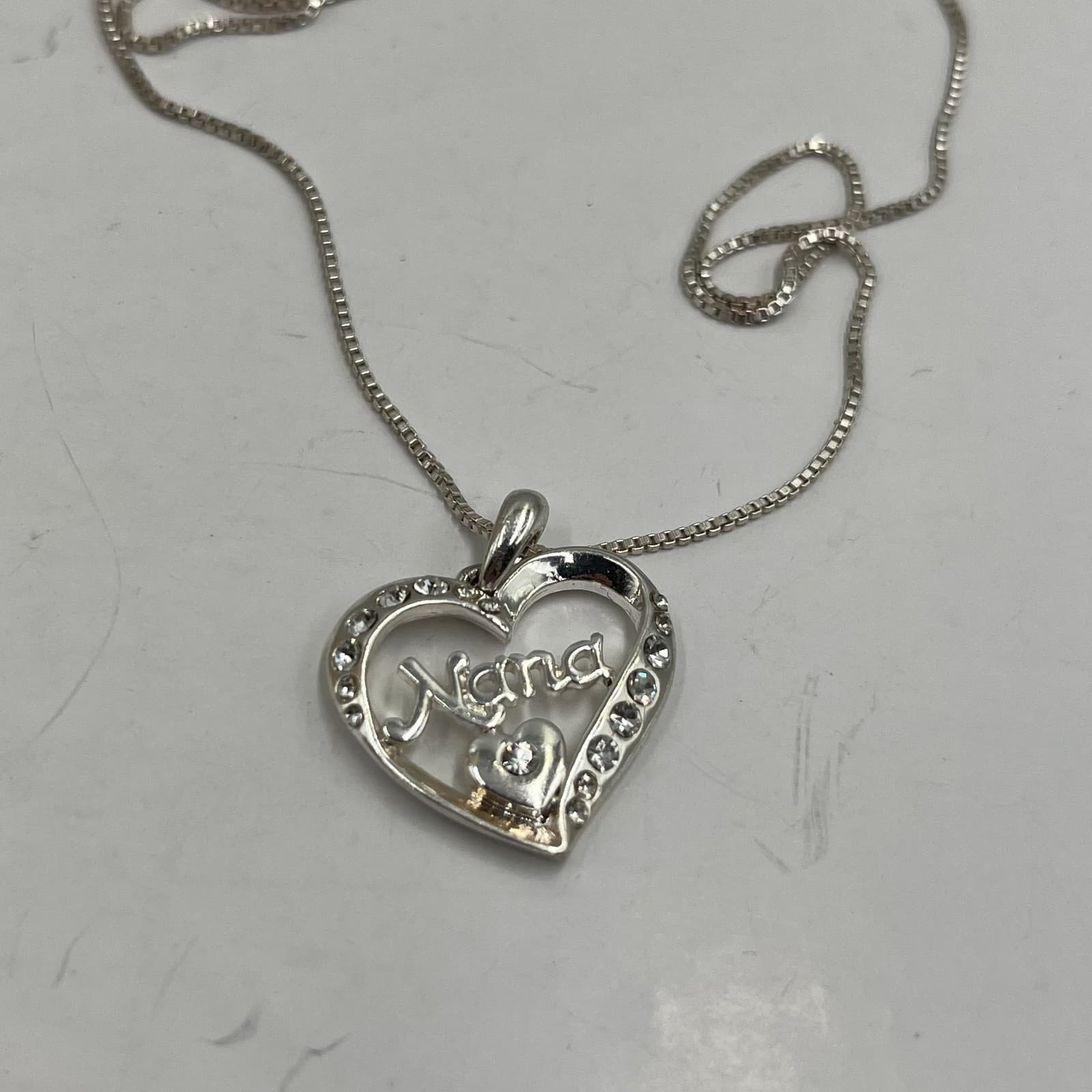 Gift Jewelry Silver-Tone Box Chain Clear Rhinestone Nana Heart Pendant Necklace - Thumbnail 7