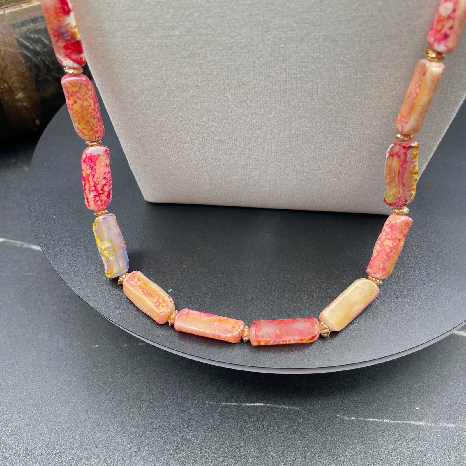 Multi-Color Classic Long Rectangular Tablet Opal Beaded Strand Magnetic Necklace - Thumbnail 5