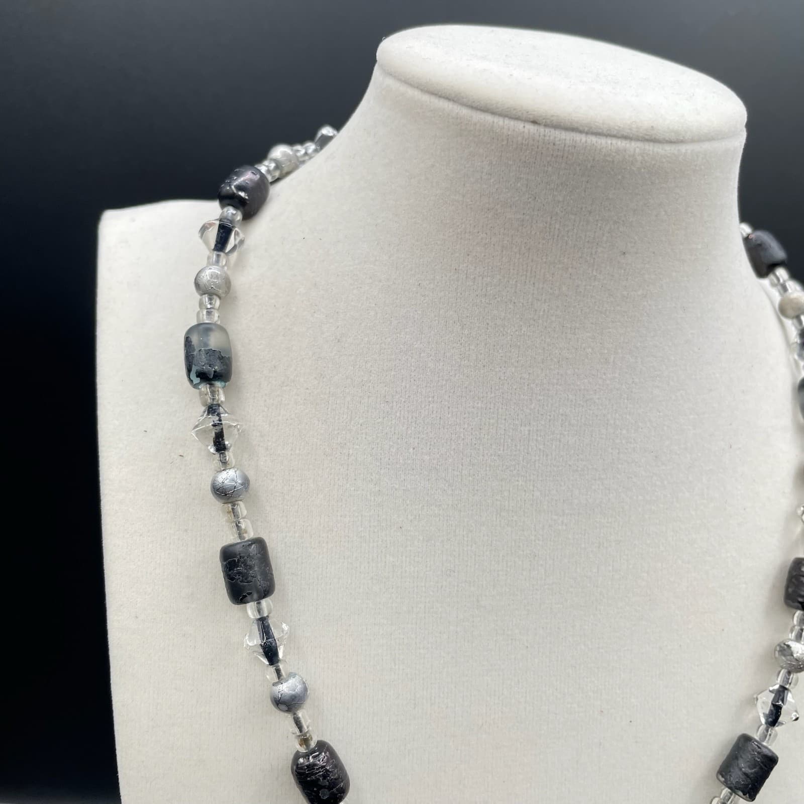 Vintage Black Gray Classic Cord Clear Faceted Glass Beaded Statement Necklace - Thumbnail 3