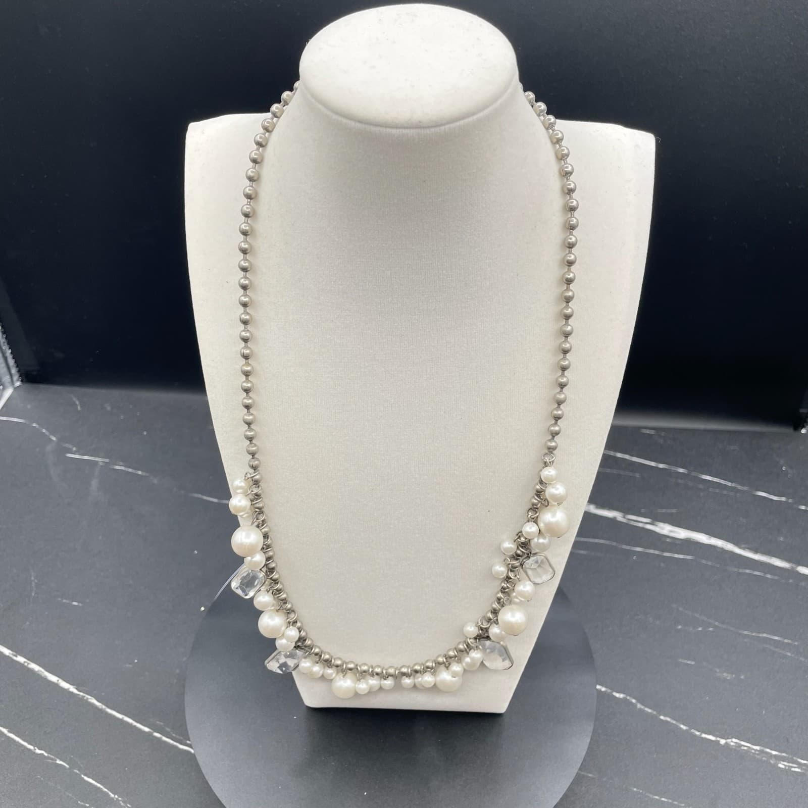 Silver-Tone Classic Mother-Of-Pearl Faceted Glass Beaded Statement Necklace - Image 1